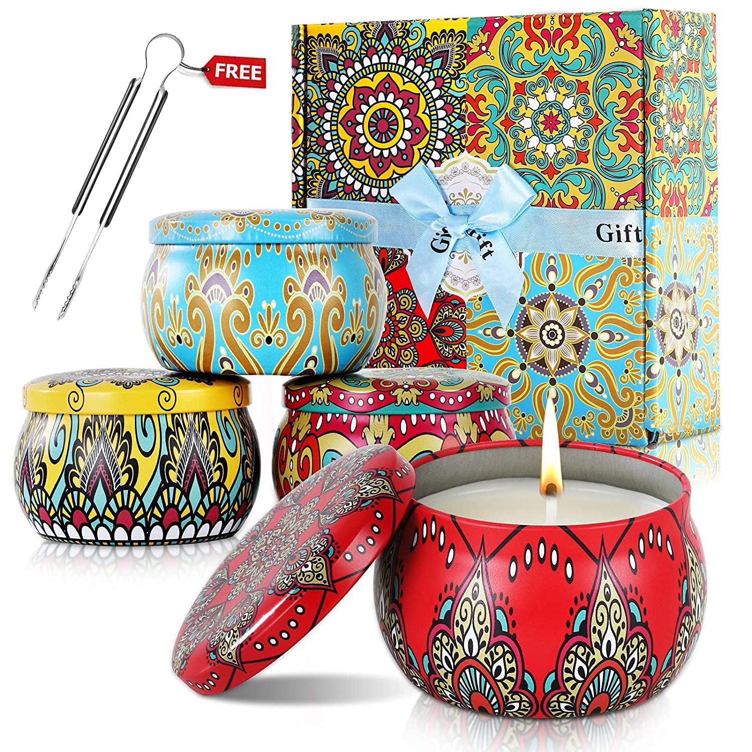 ELECTRFIREScented Candles Gift Set, Pure Natural Soy Wax, Gifts for Ladies, Lemon, Mint, Rose, Vanilla, Relieve Stress, Relax Sleep, Portable tin can candle Yoga, Bathing, Mother's day, Any Festivals