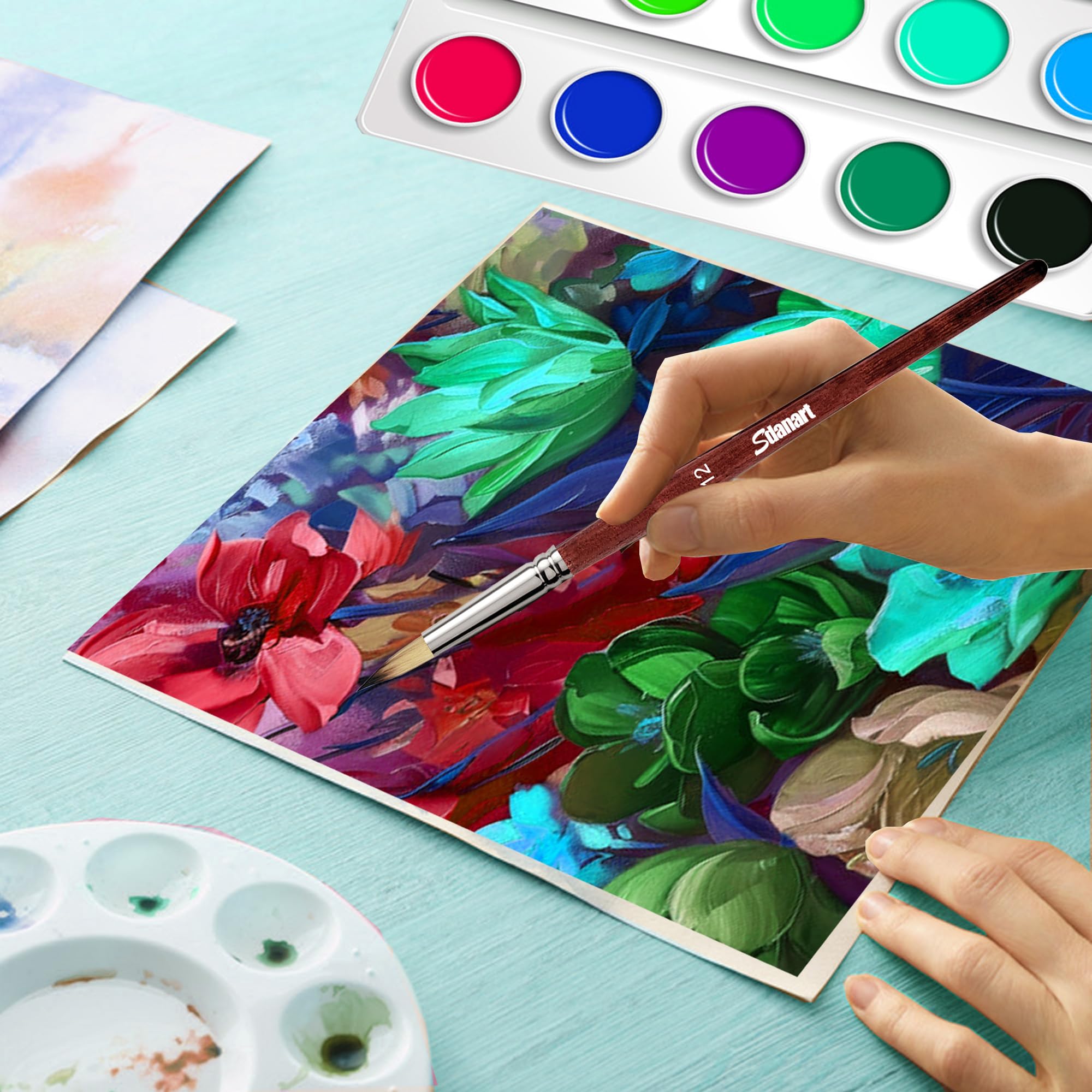 Sdanart Juego de 12 pinceles de pintura acrílica, 6 pinceles profesionales de punta redonda y 6 pinceles de artista Filbert para acuarela, acrílicos, óleo, gouache, tinta, perfecto para artistas y