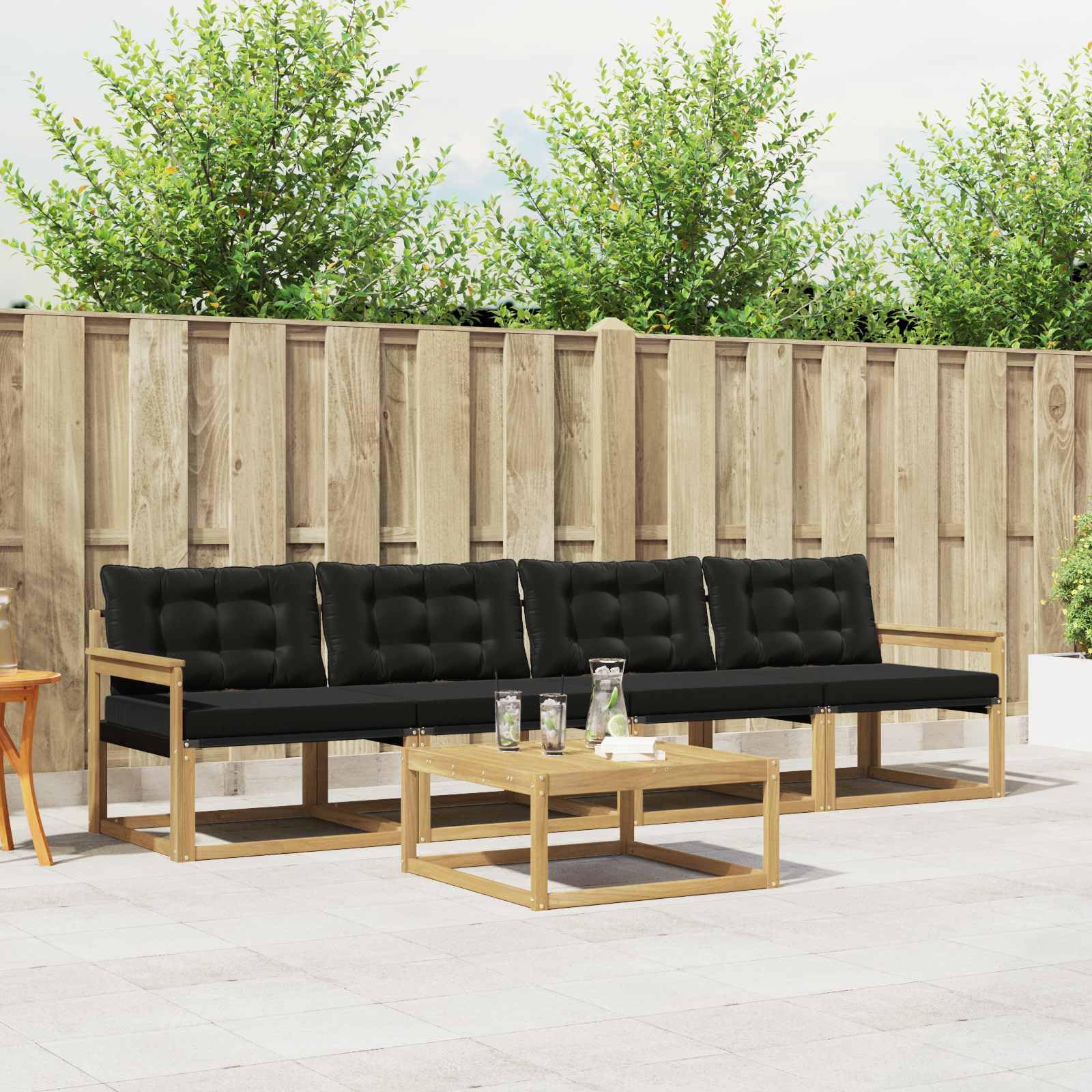 Juego de muebles de jardín de madera de acacia, conjunto modular de salón para terraza y jardín, conjunto de asientos con 4 asientos y mesa, diseño moderno, cojines incluidos, 79 x 79 x 37 cm
