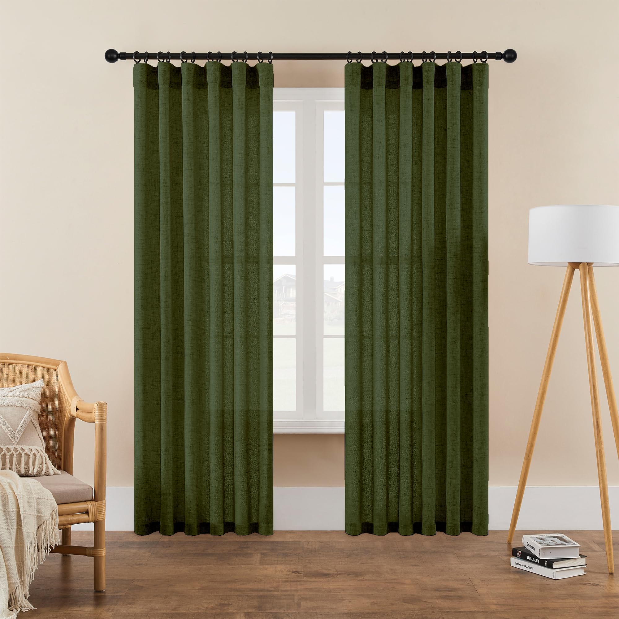 Olive Green Curtains 84 Inch Length 2 Panels, Retro Vintage Farmhouse Semi Transparent See Through Linen Drapes with Rod Pocket Pleated Hook Belt for Bedroom Dining Room Office, W50 x L84