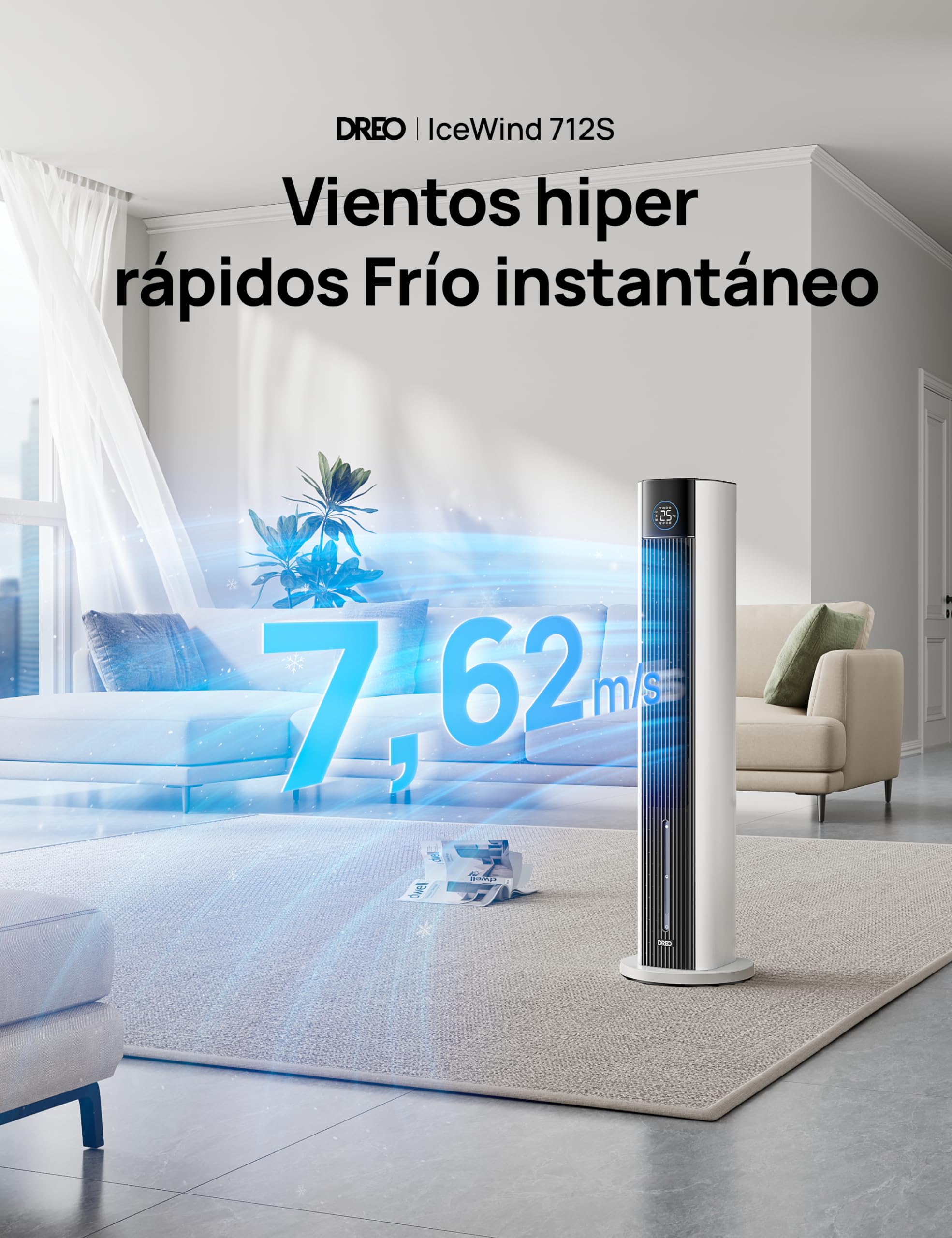 DREO Ventilador de Torre con enfriamiento por agua, enfriador 110 cm, silencioso, 4 velocidades, 4 modos, evaporativo, control app, paquete de hielo, oscilación 80°, temporizador 12 h, blanco