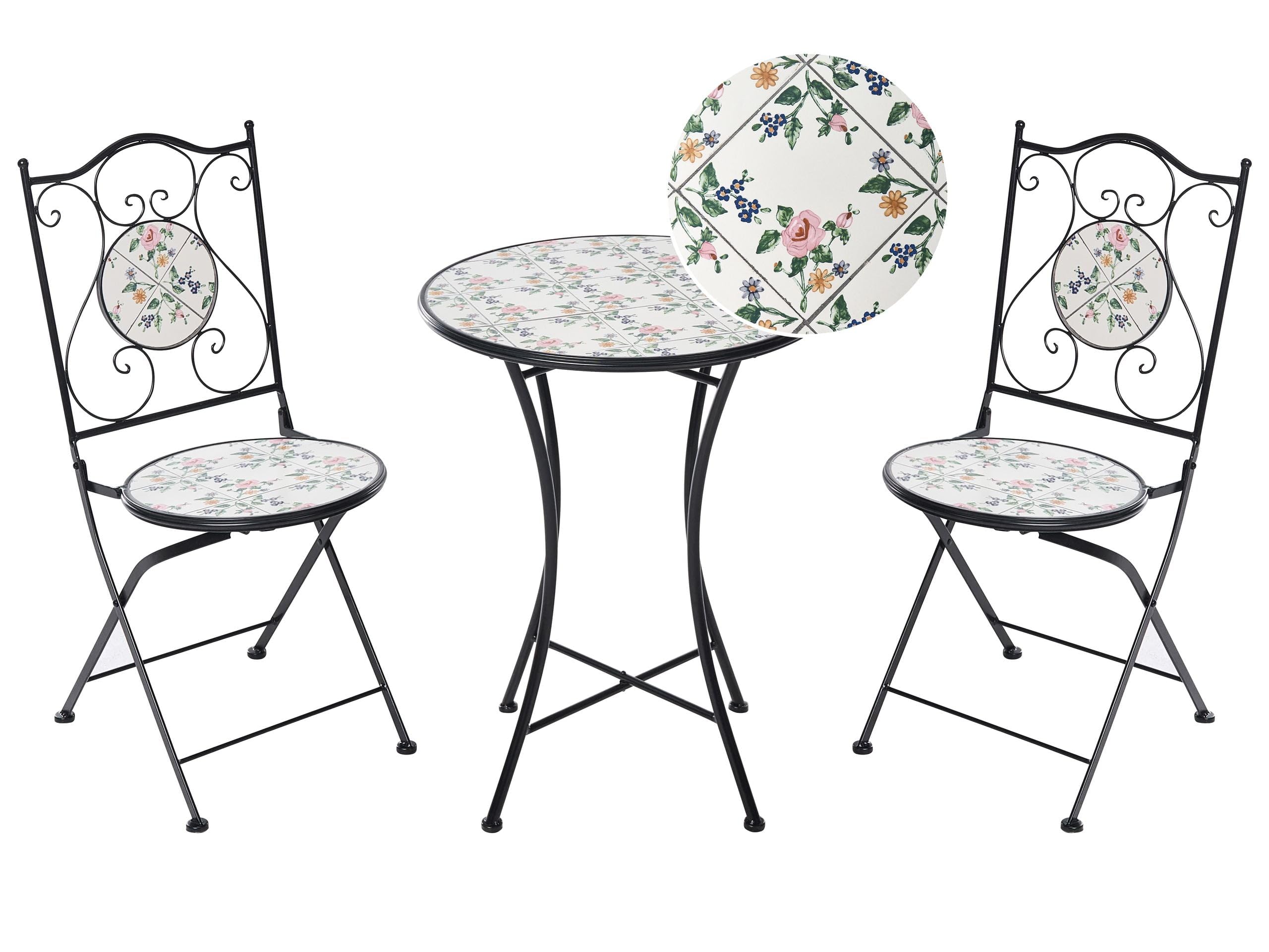 Beliani Set da bistrot in stile ferro battuto con tavolo e sedie pieghevoli in piastrelle di ceramica a mosaico nero