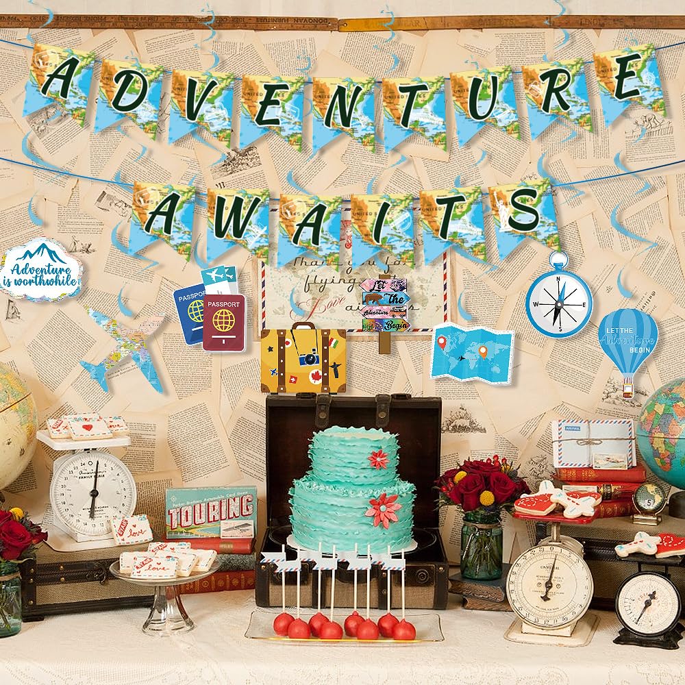 Kreatwow 24 Topper Per Cupcake Tema Viaggio Rosa - Scritta 'Let The Adventure Begin' Con Aerei, Mappe, Passaporti - Decorazioni Per Feste Di Compleanno, Addii Al Nubilato, Baby Shower