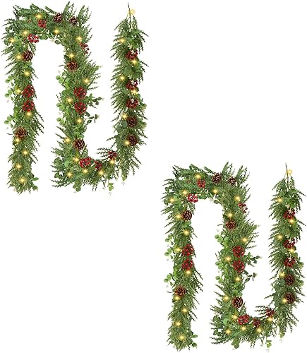 Miniatura 7 de 2 guirnaldas artificiales de pino Norfolk de 6 pies, guirnalda de Navidad de invierno de tacto real, guirnalda verde artificial para mesa, repisa,