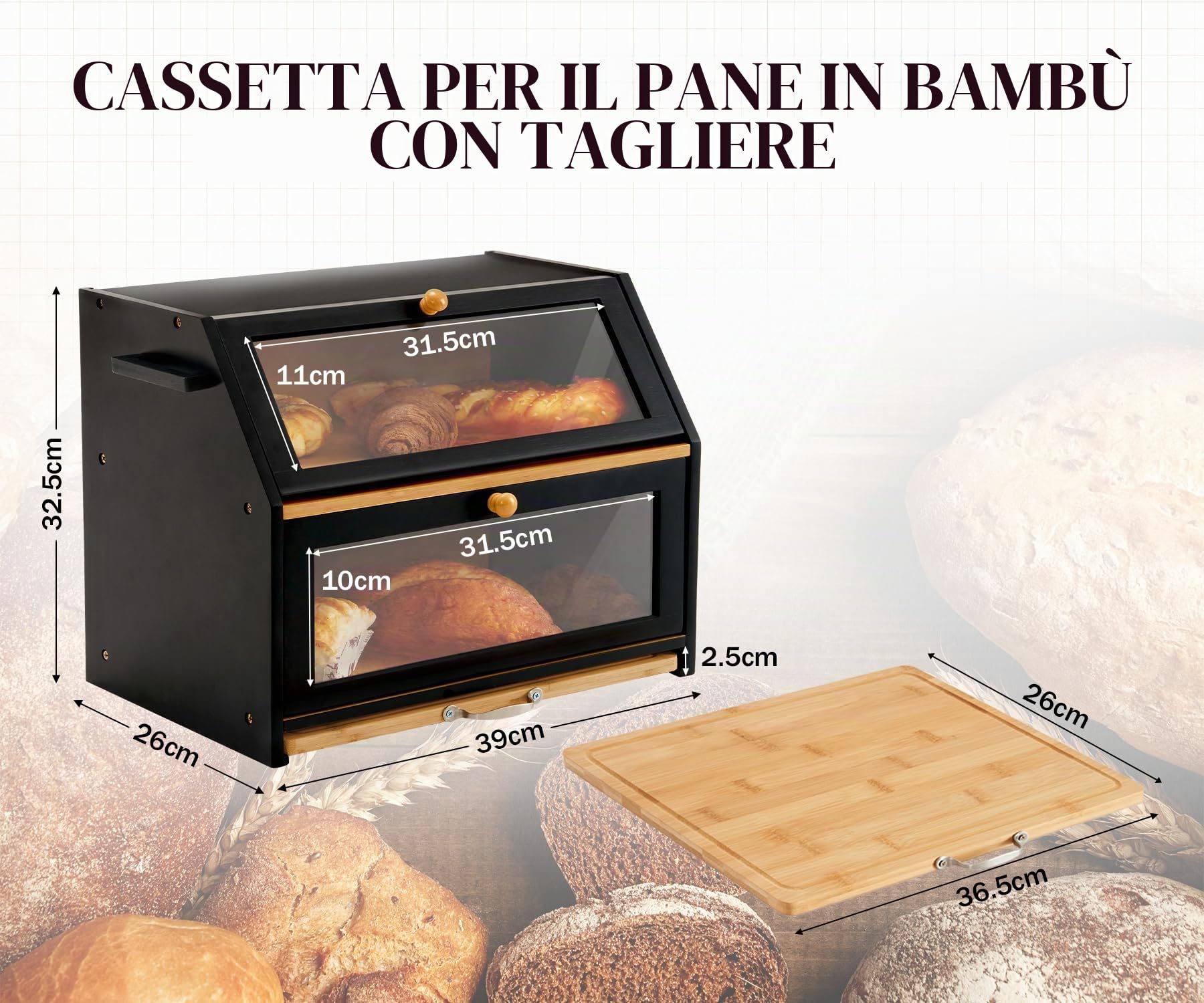 YOUDENOVA Cestino per il pane ecologico in bambù con tagliere, contenitore per pane da cucina, contenitore per pane tostato, nero, 39 x 26 x 32,5 cm (lunghezza x larghezza x altezza)