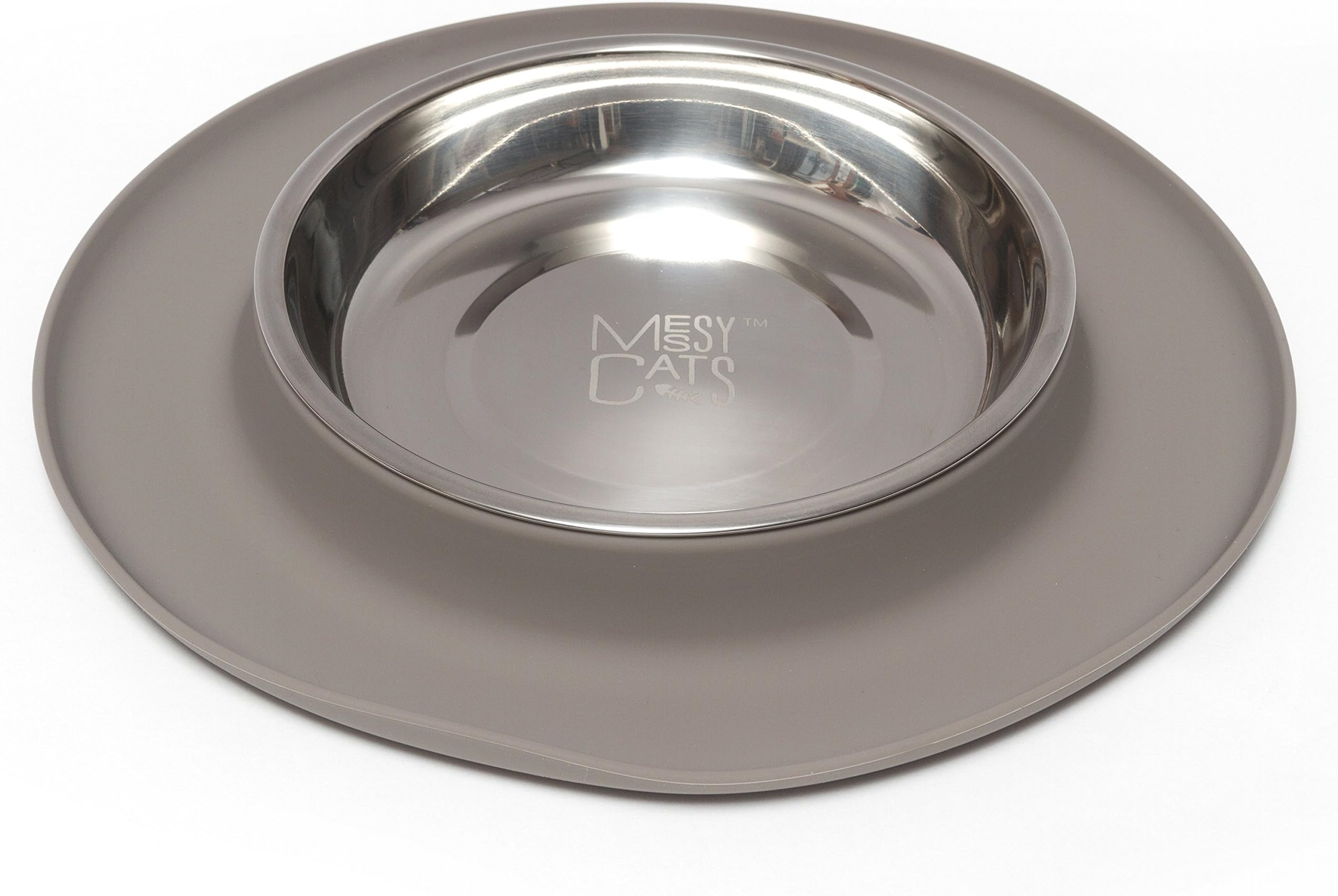 Messy Cats Single Silicone Feeder with Stainless Saucer Shaped Bowl | Anti-Slip Non-Skid Cat Food Bowl | One Cat Bowl in Feeding/Water Station | 1.75 Cups (Grey)