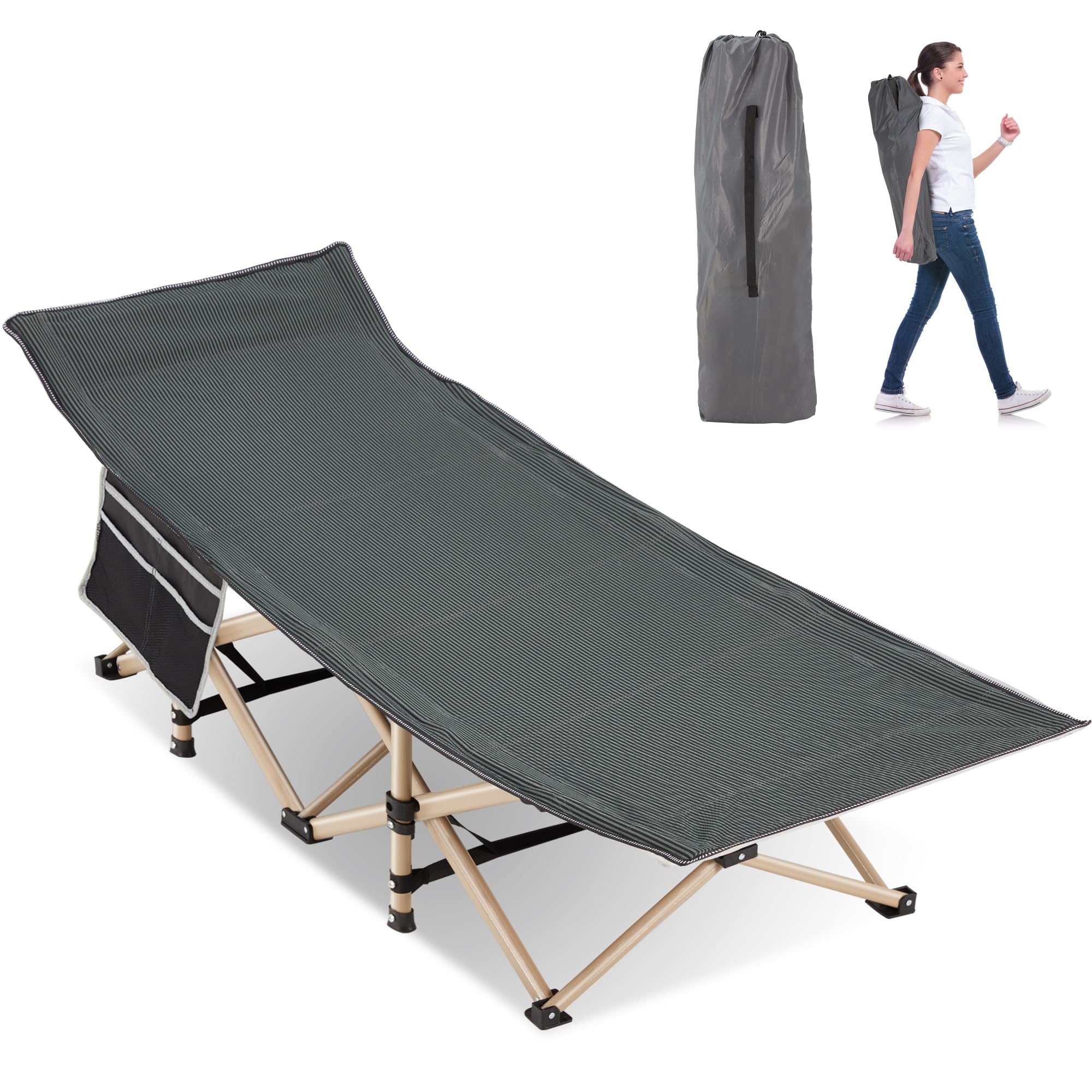 Candockway Folding Camping Cot for Sleeping, Portable Cots for Adults, Heavy Duty Cot Bed 550LBS(Max Load), Extra Wider Cots with Large Pocket for
