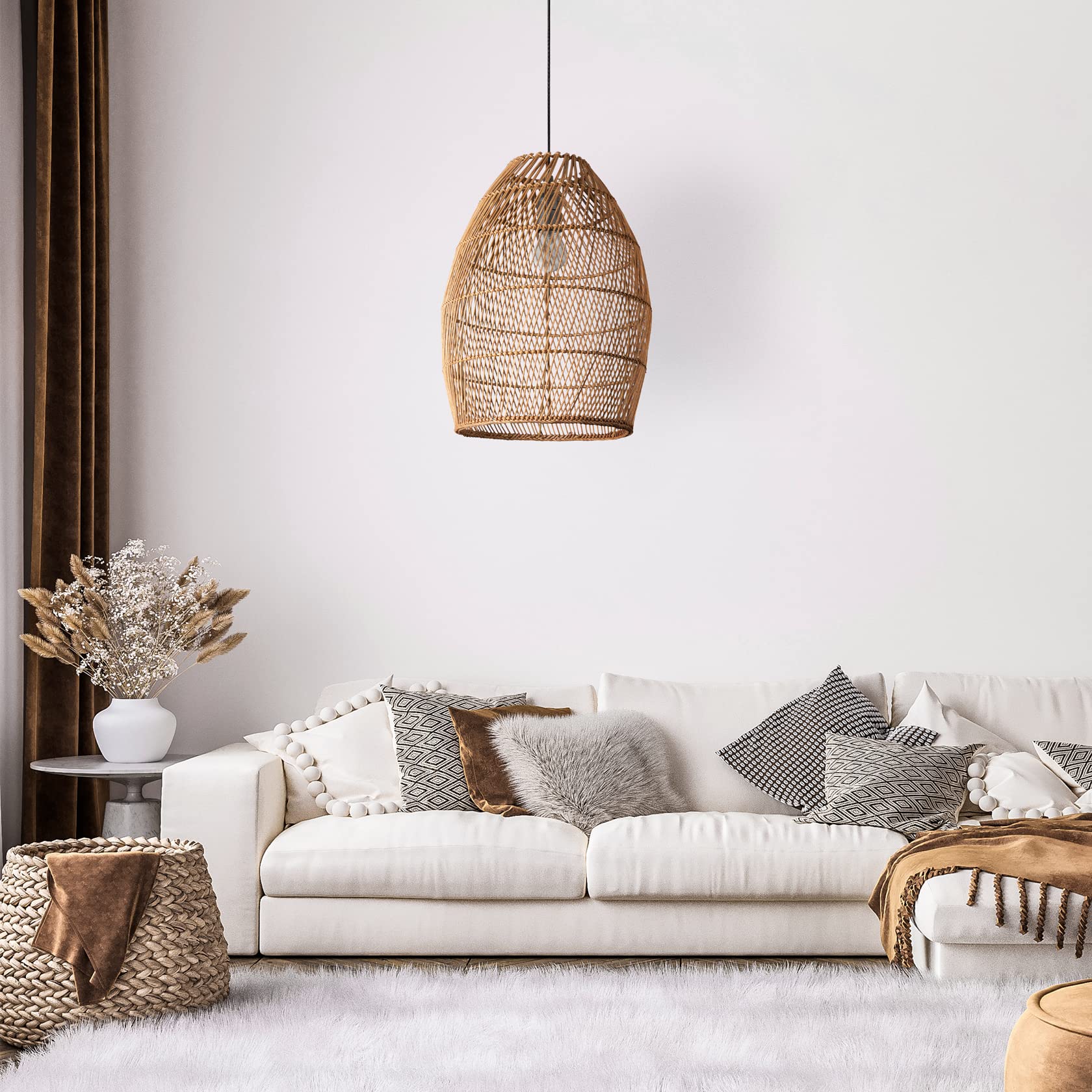 Paco Home Pendelleuchte Wohnzimmer Boho Korbleuchten Pendellampe Rattan Hängeleuchte Esszimmer Lampe Papier E27, Lampenart:Pendelleuchte - Typ 2, Farbe:Schwarz (Ø30cm)