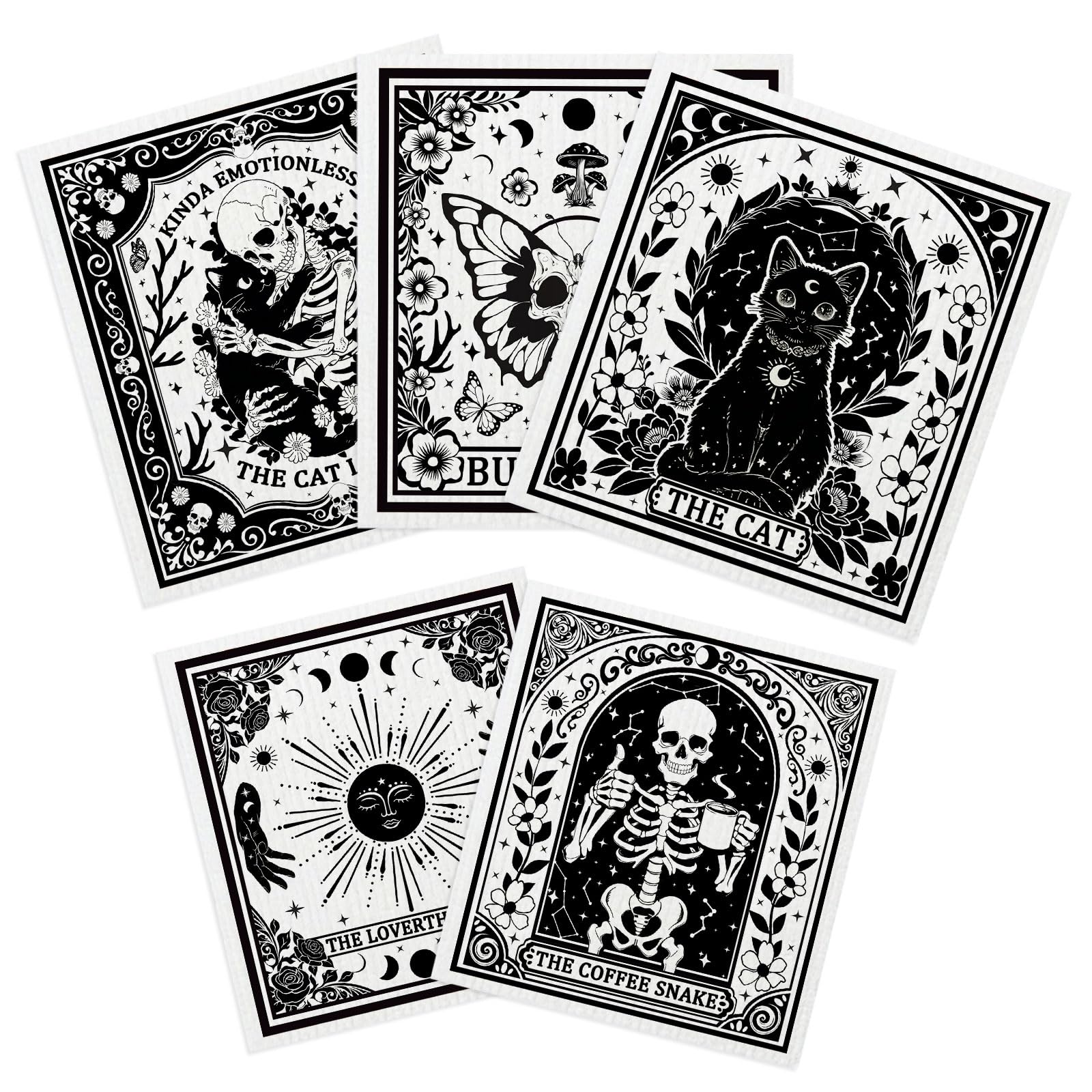 Vighoslyn Blackskull 5 Pack Swedish Dishcloths, Gothic Kitchen Dishcloths Dish Towels, Black Skull Cat Reusable Cleaning Cloths For Kitchen, Paper Towel Dish Cloth Towel Cleaning Wipe For Home