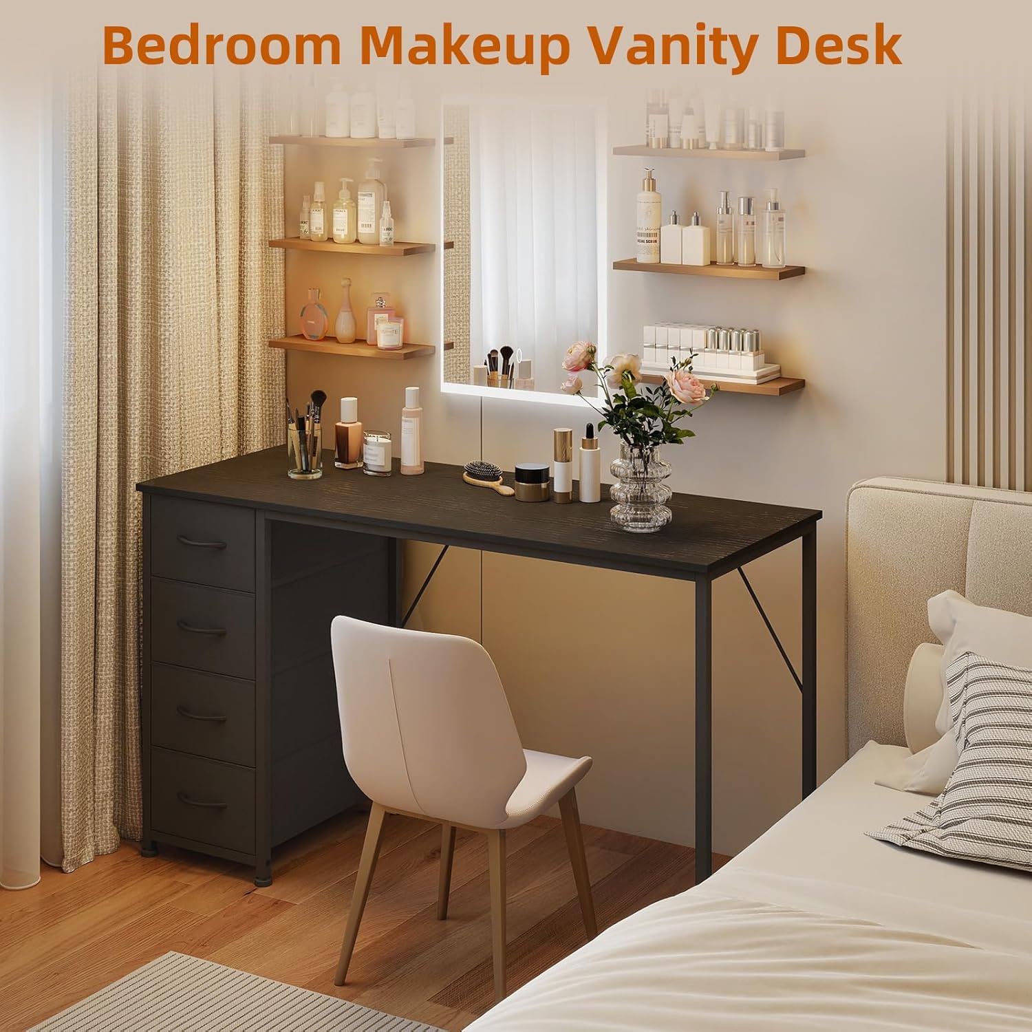 Somdot 47" Computer Desk with 4 Drawers for Bedroom,Simple Home Office Writing Desk,Gaming Table with Storage,Modern Work for Home Office, Study, Living Room,Black