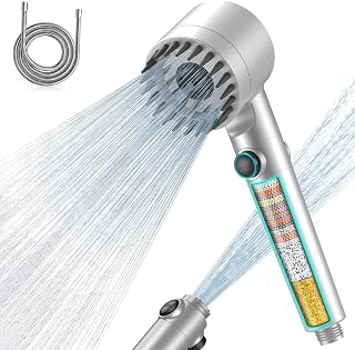 MEKO Water Saving Shower Head with Antichalk Filter,High Pressure Shower | Anti-lime Shower Head with 1.5m Hose, Shower Filter 3+1 Spray Modes High Pressure Shower, Silver