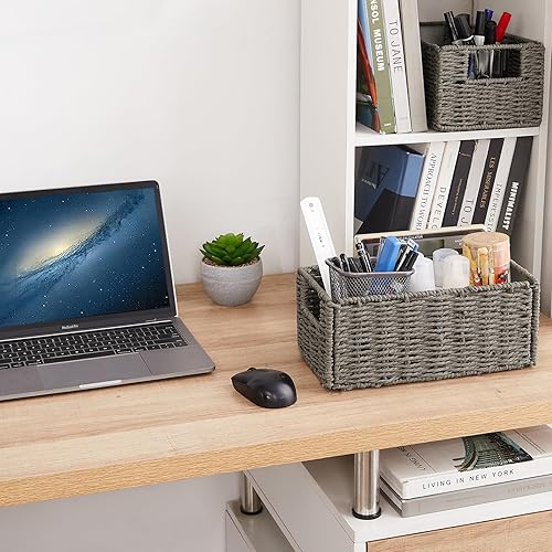 Miniatura 9 de Vagusicc Cestas de mimbre para almacenamiento, cestas de mimbre para estantes, juego de 4 cestas de almacenamiento de cuerda de papel redondas