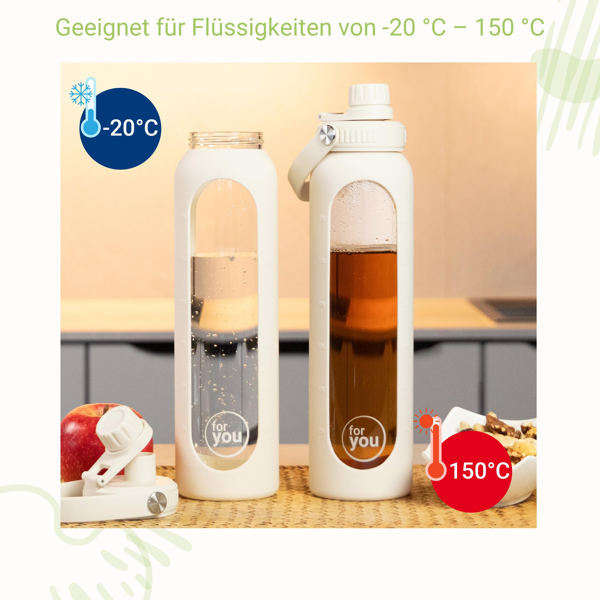 for you Hydroline Glas-Trinkflasche light beige Dreierpack 1000 ml - Deckel mit Doppel-Öffnung - aus Glas mit Silikonhülle & Zeitmarkierung - Spülmaschinenfest & BPA-frei - geeignet von -20°C – 150°C