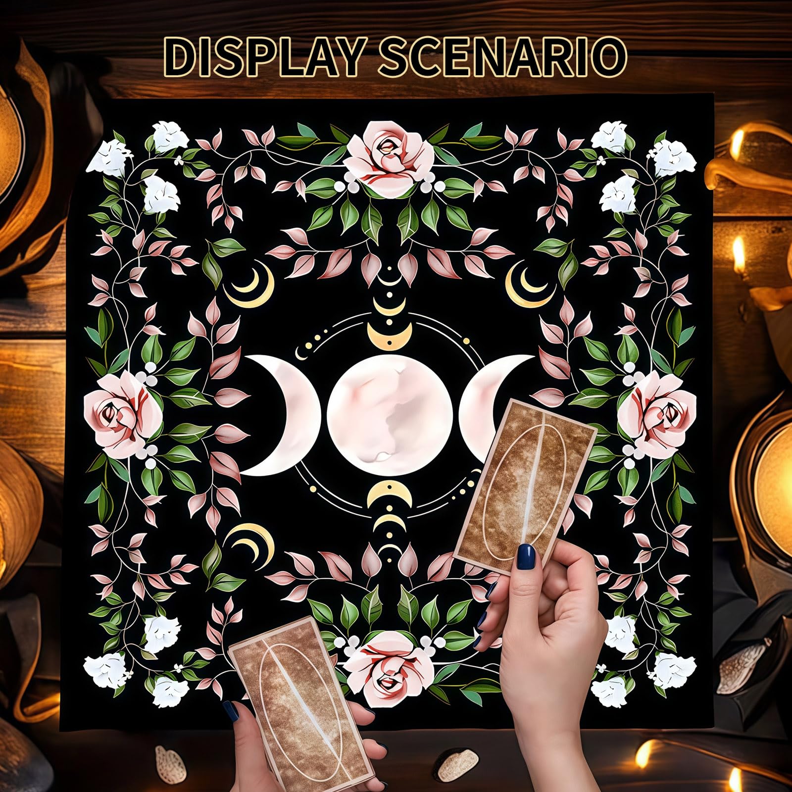 Tappeto Divinatorio per Tarocchi 75x75 cm, Tovaglia da Altare Esoterico con Fiori e Fasi Lunari, Telo per Lettura Carte e Rituali Spirituali