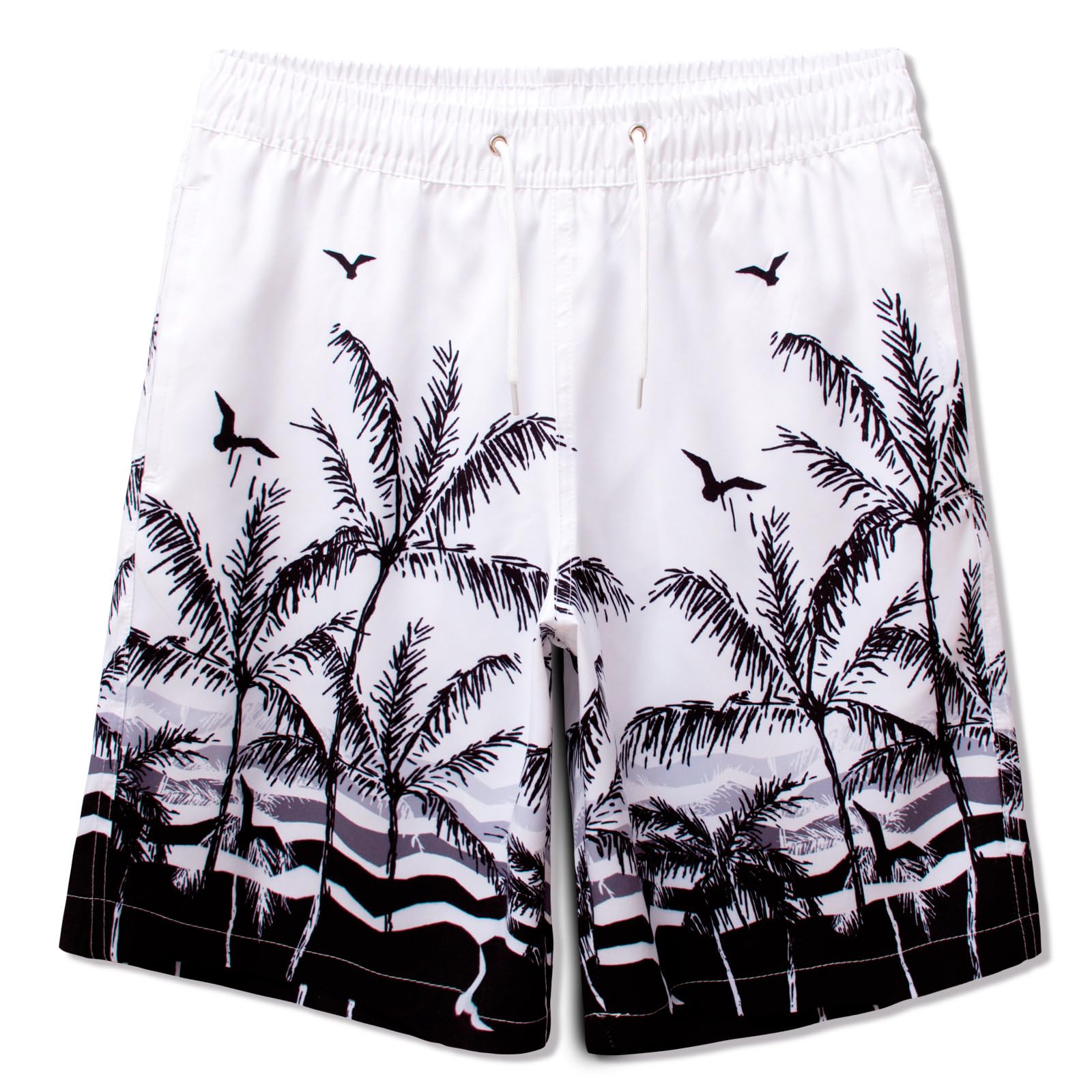 MEILONGER Boys Swimming Shorts Quick Dry Beach Board Trunks Swimwear Bathing Suits Size 6-7,8,10-12,14-16(White Black(Tree),14-16)
