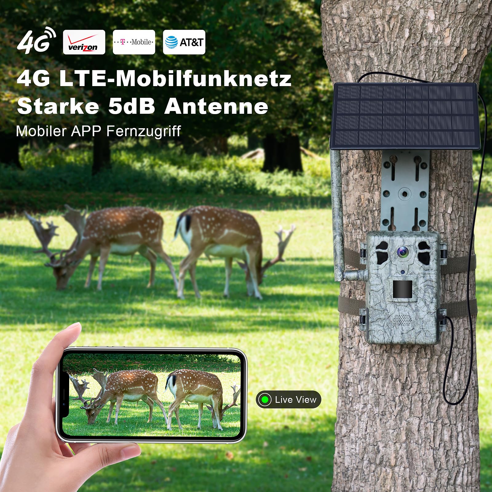 ZAIYW 4G LTE Solar Wildkamera 2,7K HD Live Video 120° 20M Bewegungsmelder 940nm No Glow Nachtsicht IP66 Wasserdicht