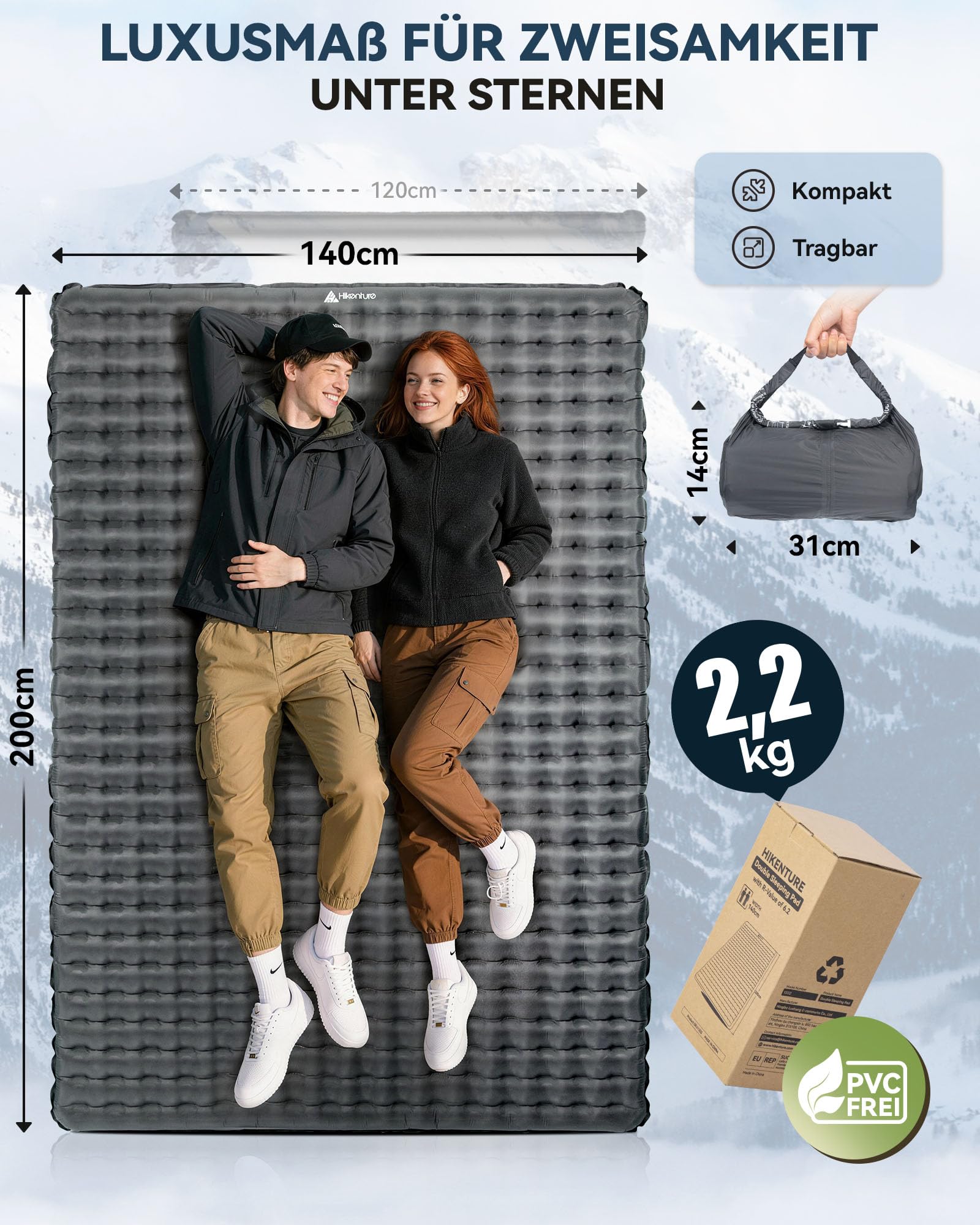 HIKENTURE 6,2 R Wert karimata kempingowa dla 2 osób, grubość 8 cm, podwójna nadmuchiwana karimata, materac kempingowy 140 x 200 cm, dmuchany materac na 4 pory roku, mata do spania na zewnątrz