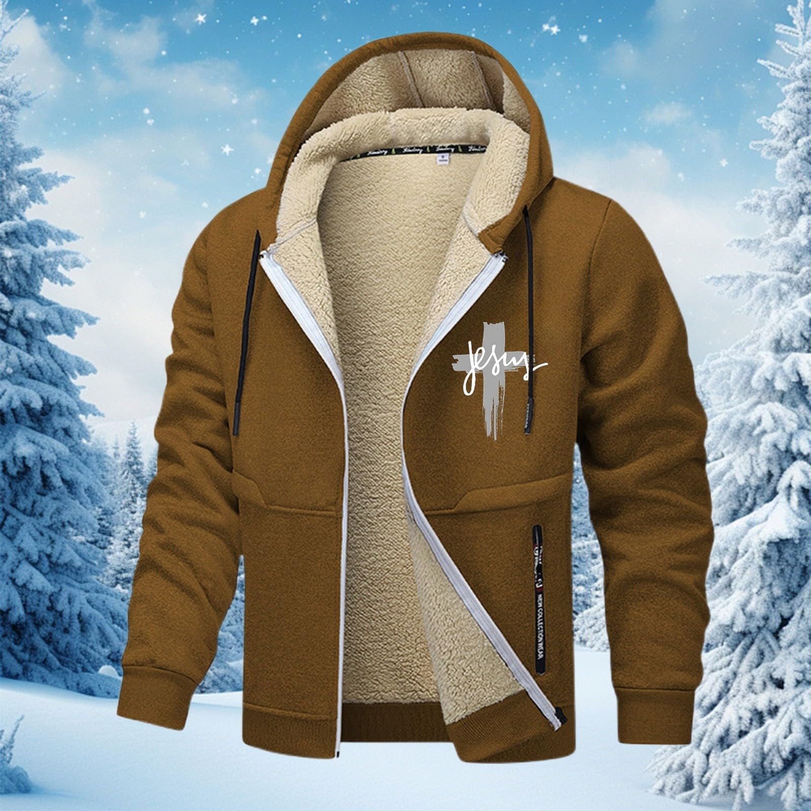 Gefütterte Fleecejacke mit Kapuze, warmer Winter-Outdoor-Mantel mit durchgehendem Reißverschluss, weicher, wärmegefütterter Pullover für kaltes Wetter, bequeme und kuschelige Passform