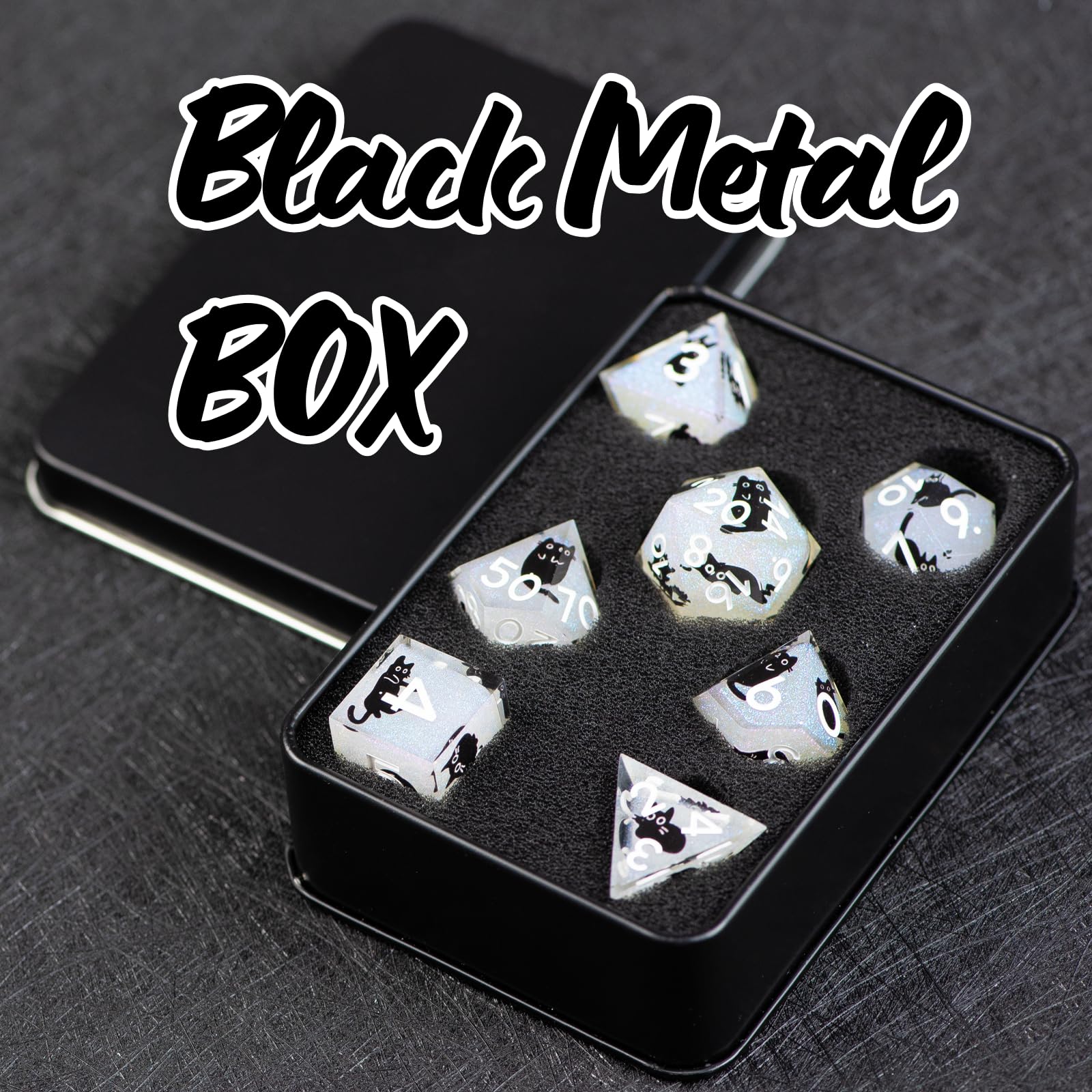Set di dadi DND in resina, 7 pezzi, con scatola di ferro, per giochi di ruolo DND COC, giochi di ruolo e giochi da tavolo, idea regalo (nucleo scintillante)