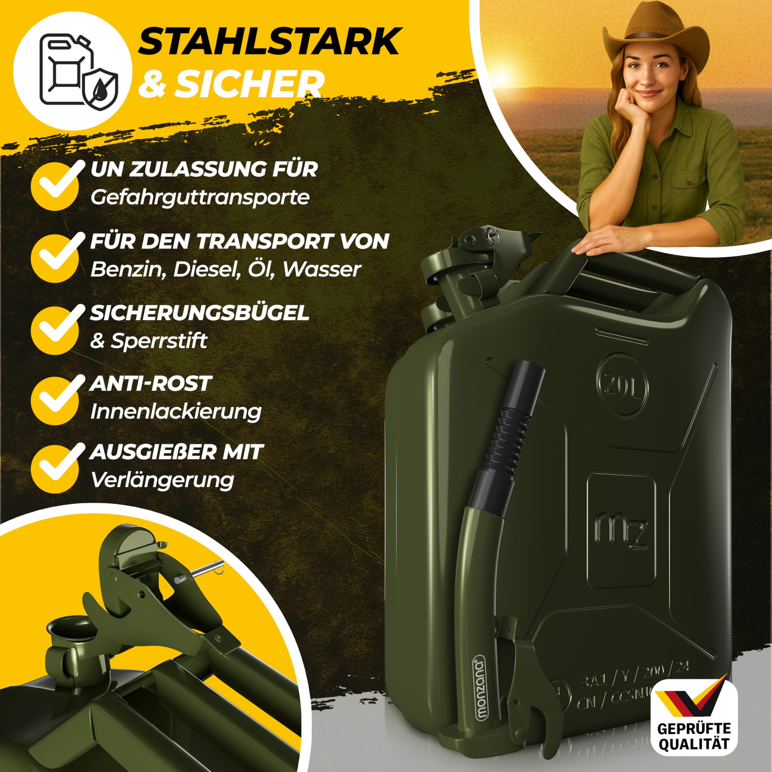 MONZANA Metallkanister 3er-Set 20 L Stahl UN-Zulassung Benzinkanister oliv