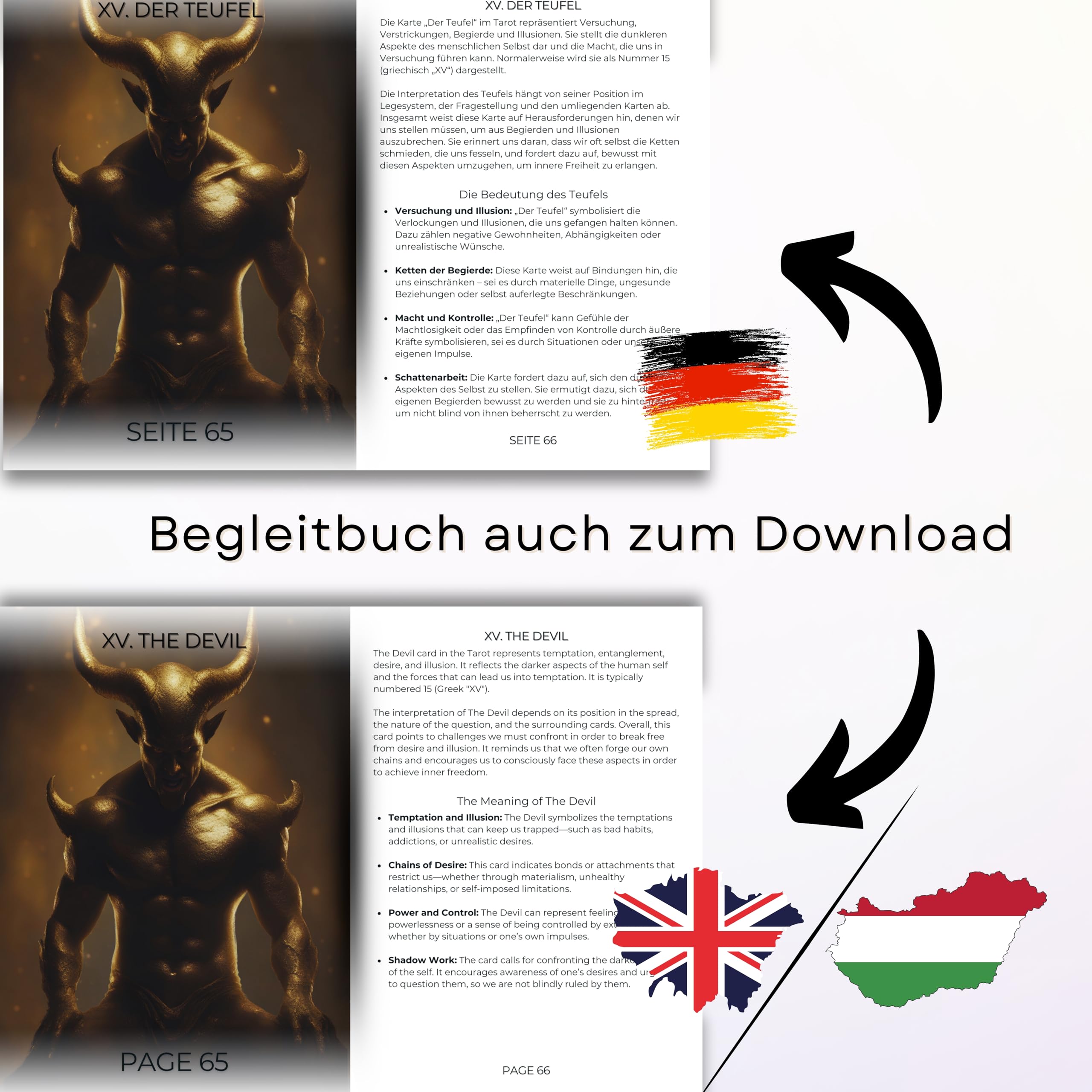 Tarotkarten – 78 Karten mit gedrucktem Begleitbuch auf Deutsch und zusätzlichem digitalem Buch in Deutsch, Englisch und Ungarisch – für Anfänger & Profis (Packung mit 2)