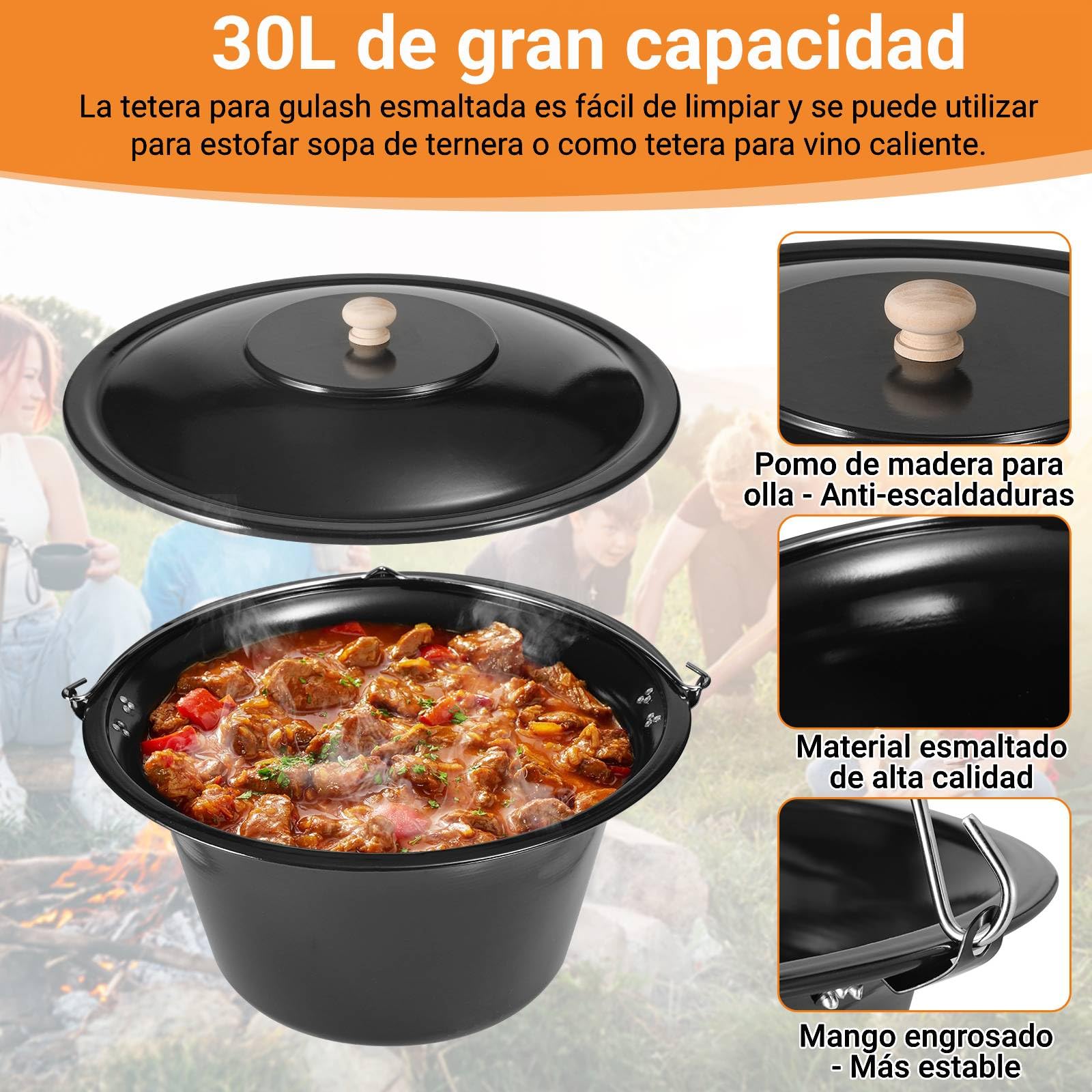 Hervidor para Goulash de 30L con Trípode y Cuchara, Hervidor para Gulash Original Húngaro, Olla para Gulash Esmaltada, con Cadena de Altura Ajustable, Juego de Olla para Gulash, para 25-30 Personas