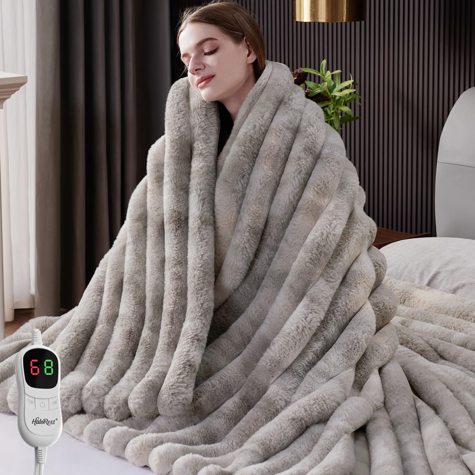heated throw blanket, faux fur cozy electric blanket 62''*84'' | heating blanket with overheat protection, 1/2/4/6/8 hours auto-off 10 heat level, machine washable(tie-dye light grey)