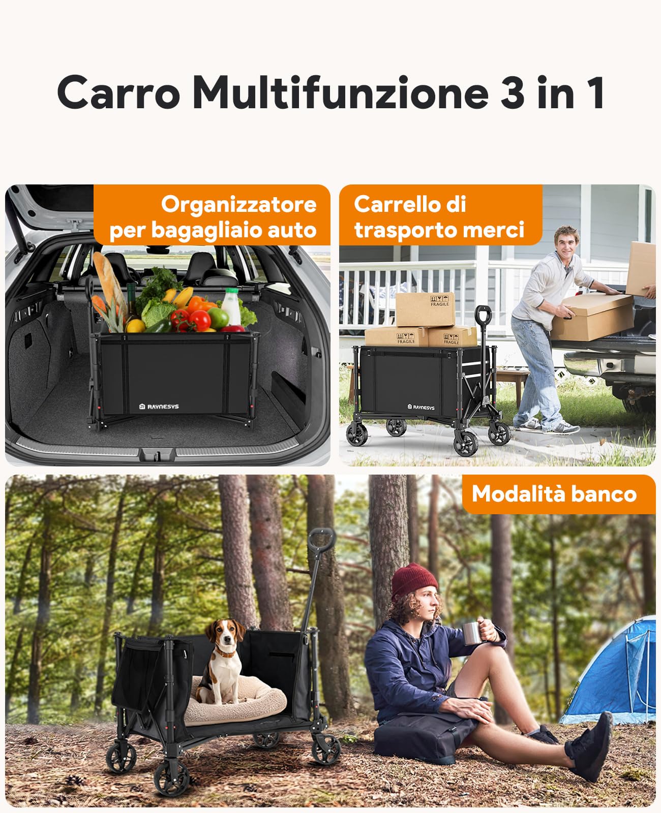 Carrello Pieghevole con Ruote 120L, 3 in 1 Vagone Pieghevole Convertibile in Panchina, 220lbs Carrello Acquisti di Generi Alimentari Carro Utile per Spiaggia, Giardino, Campeggio, Nero scuro