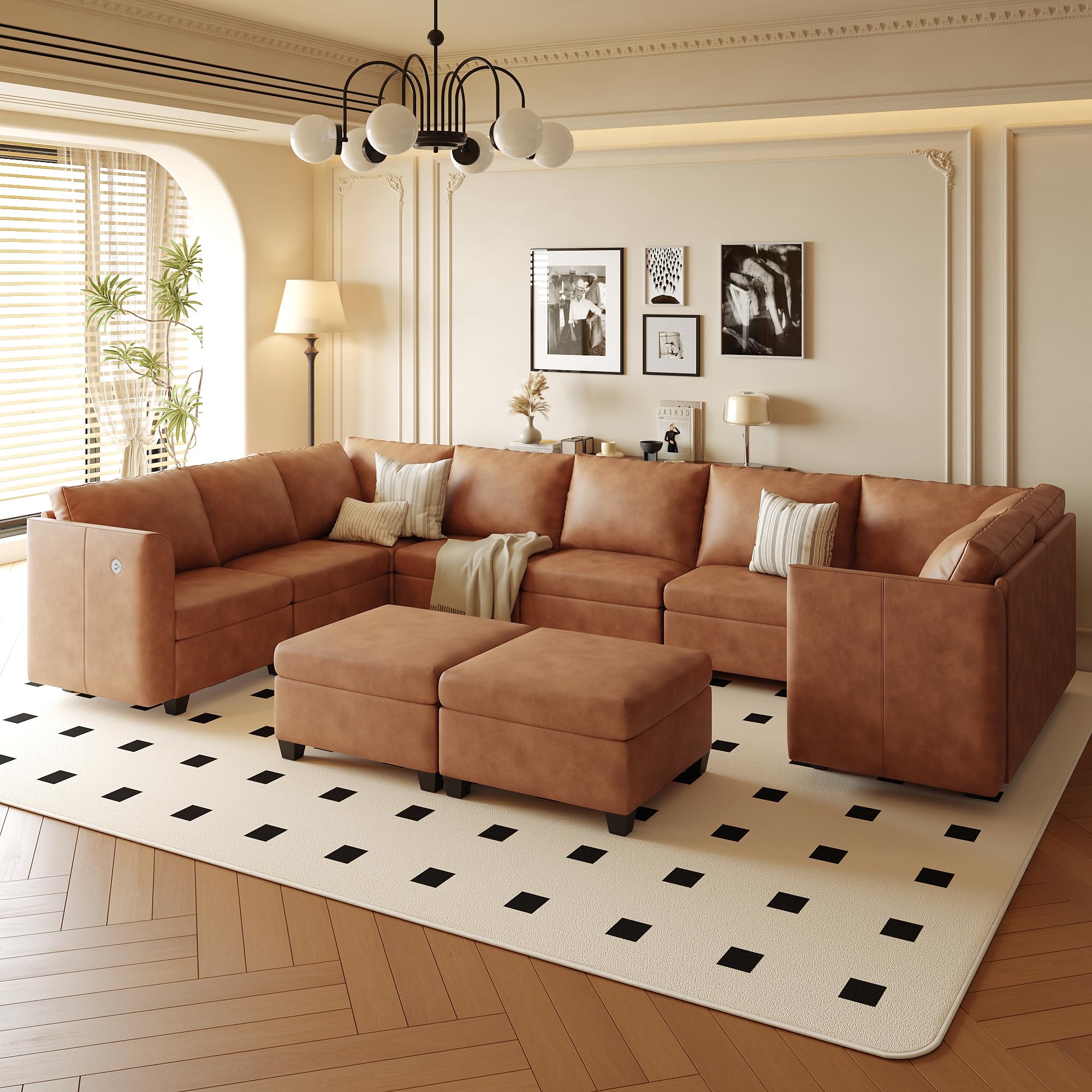 Pationate Faux Leather Sectional Couches for Living Room, 138.5" U Shaped 10 Seater Modular Sofa with Storage & Ottoman, USB/Type C Port (Brown)