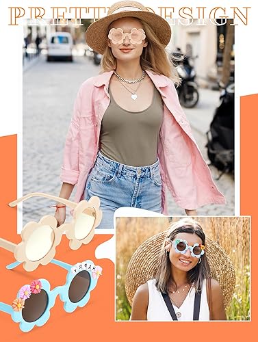 Miniatura 7 de 10 pares de lentes de sol de flores para adultos de 5.71 pulgadas, gafas de protección UV con 50 dijes de margaritas, 200 cuentas de letras al azar