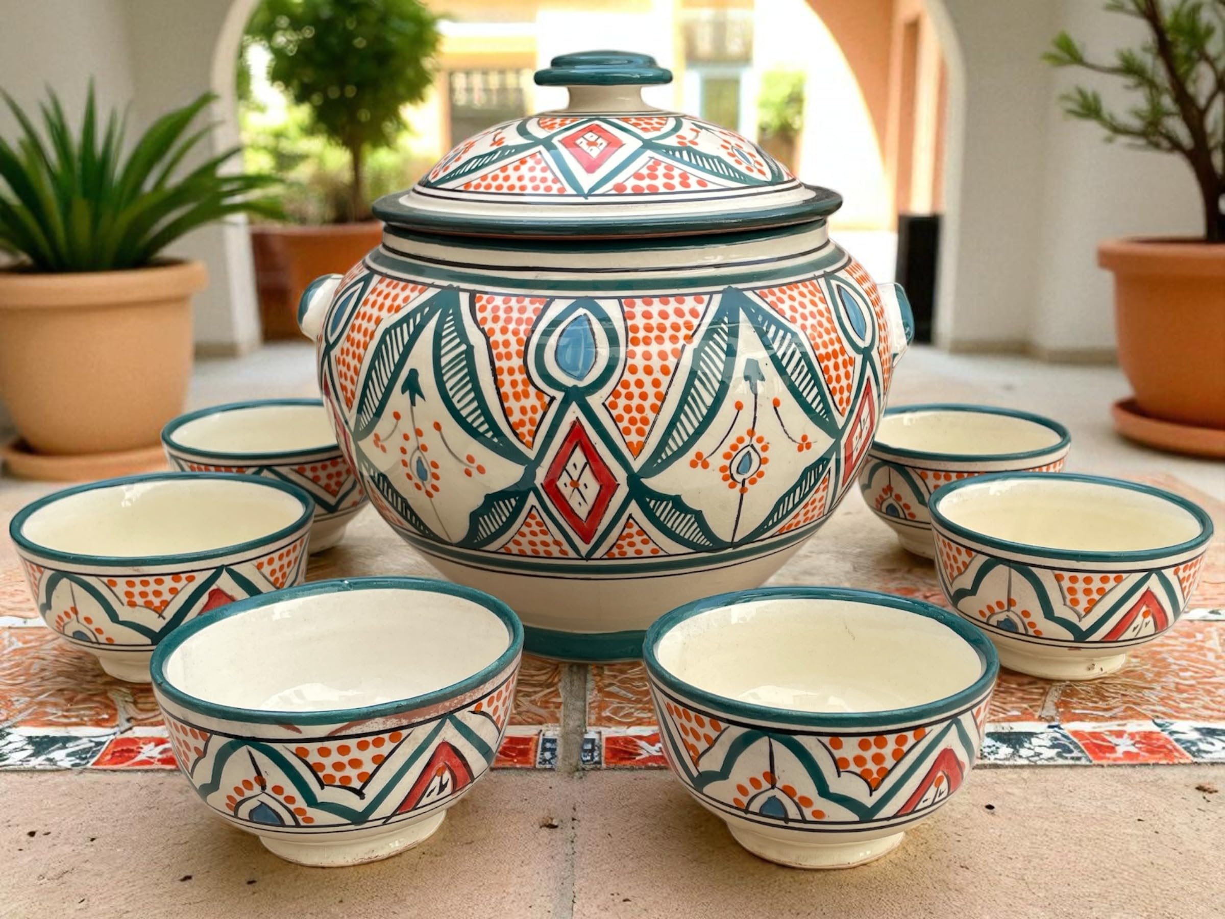Générique Soupière BELDI CHIC avec ses bols – Élégance artisanale et convivialité à votre table (Orange/Vert)