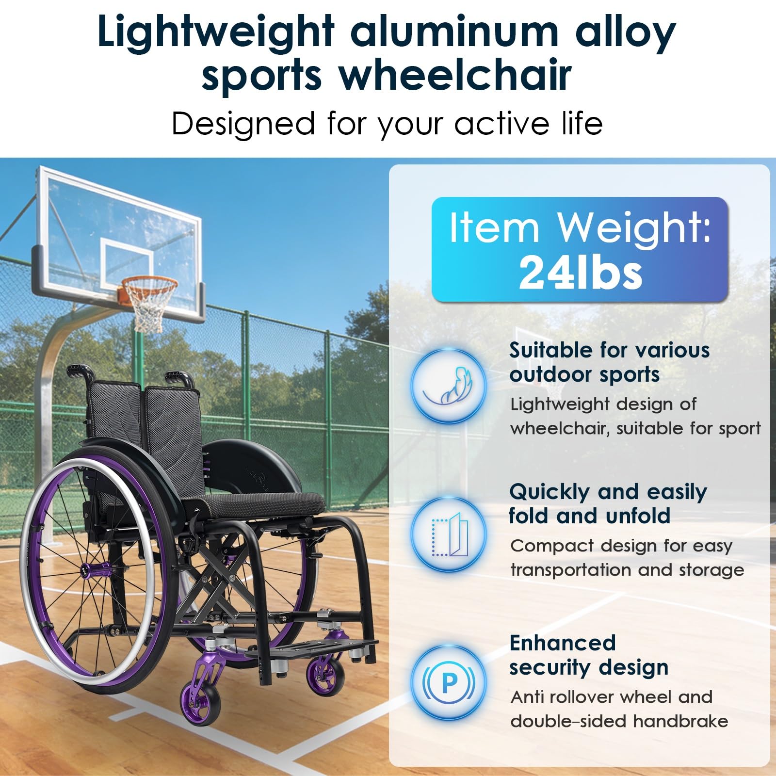 Silla de ruedas manual ligera, silla de ruedas deportiva ultraligera portátil todo terreno, silla de ruedas plegable, sillas de ruedas de transporte con antivuelco(Purple A,42cm/16.5in)