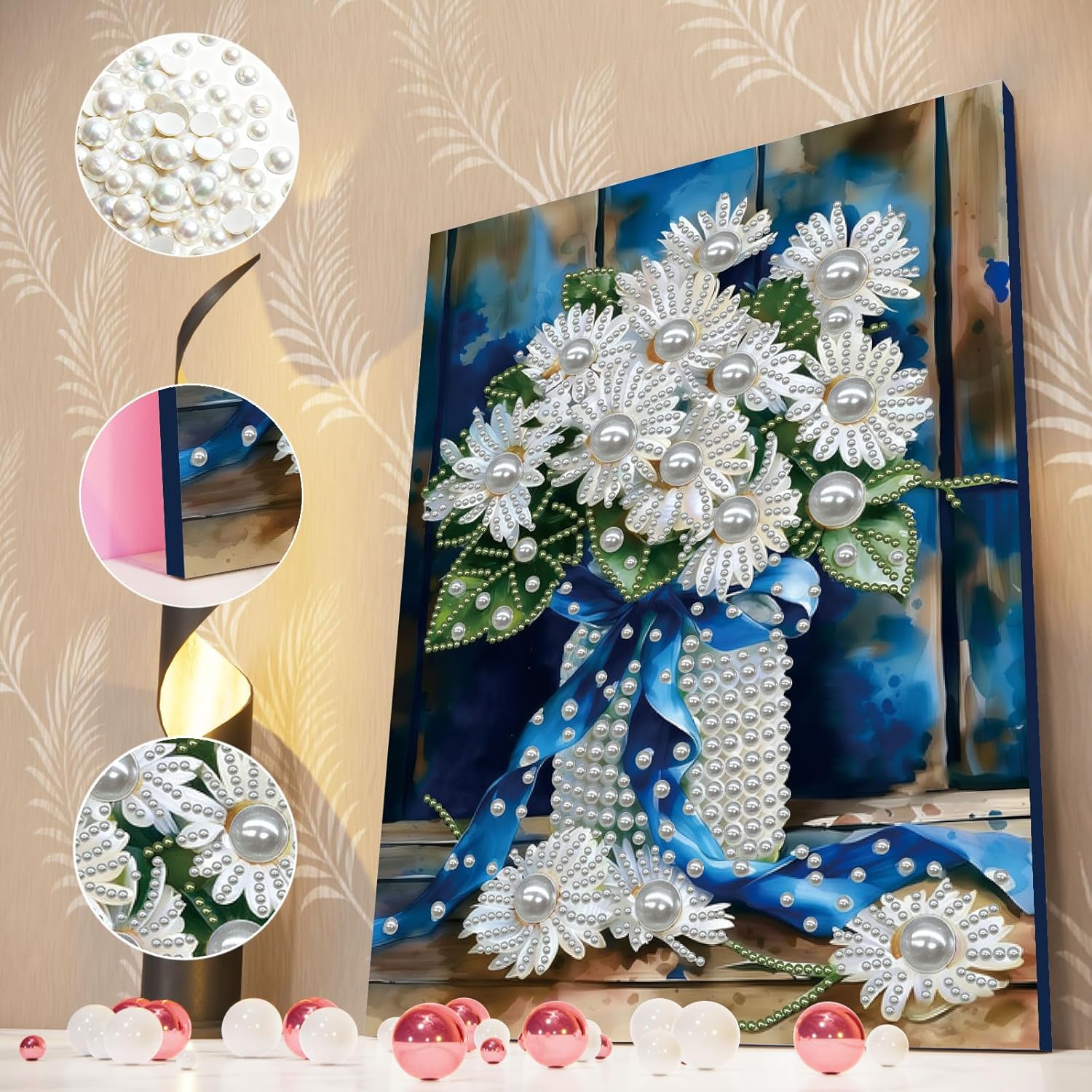 LAKEQUILL DIY Pearl Diamond Art with Frame, 30x40cm Sparkling 5D Full Drill Painting Kit for Adults Beginners, Relaxing Craft Home Wall Decor Unique Gift（Blue Vase）
