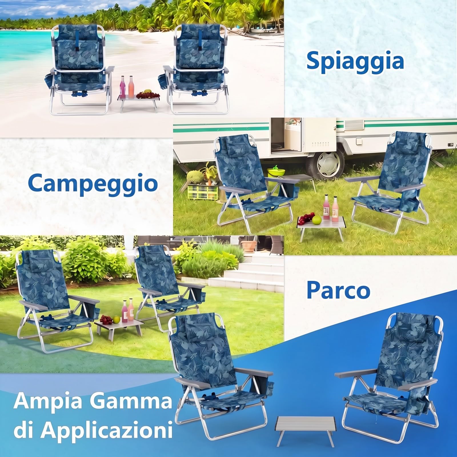 COSTWAY Set Sedia da Spiaggia, con Tavolino Pieghevole, Schienale Regolabile a 5 Livelli, Poltrona da Spiaggia con Cuscino per Testa, Sedia da Campeggio, Portata 136 kg (Blu Scuro, Modello 2)
