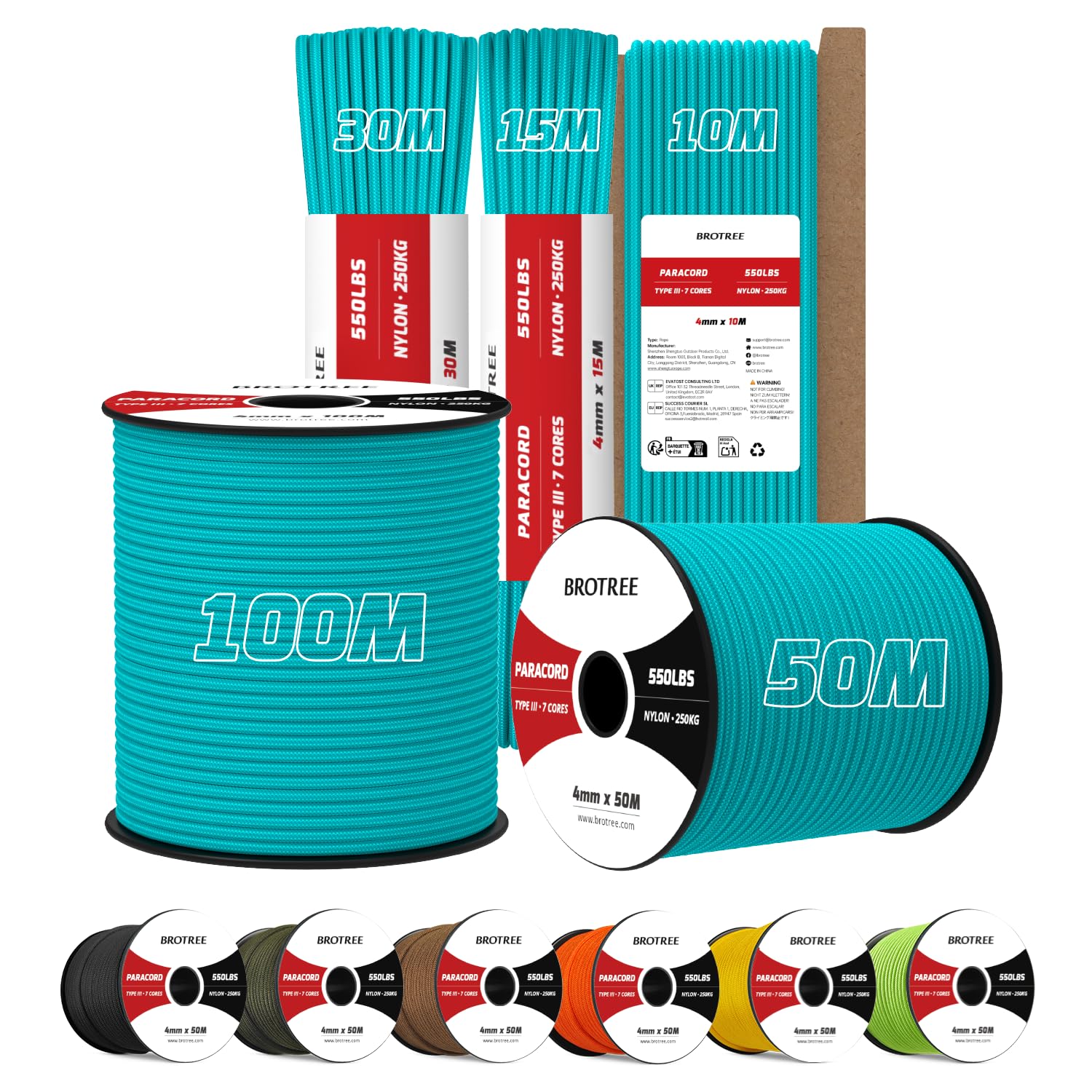 Brotree 4mm Paracord 550 10M 100% Nylon Rope 7 Strands Type III Parachute Cord for Outdoor and DIY - 250kg Breaking Load (Turquoise)