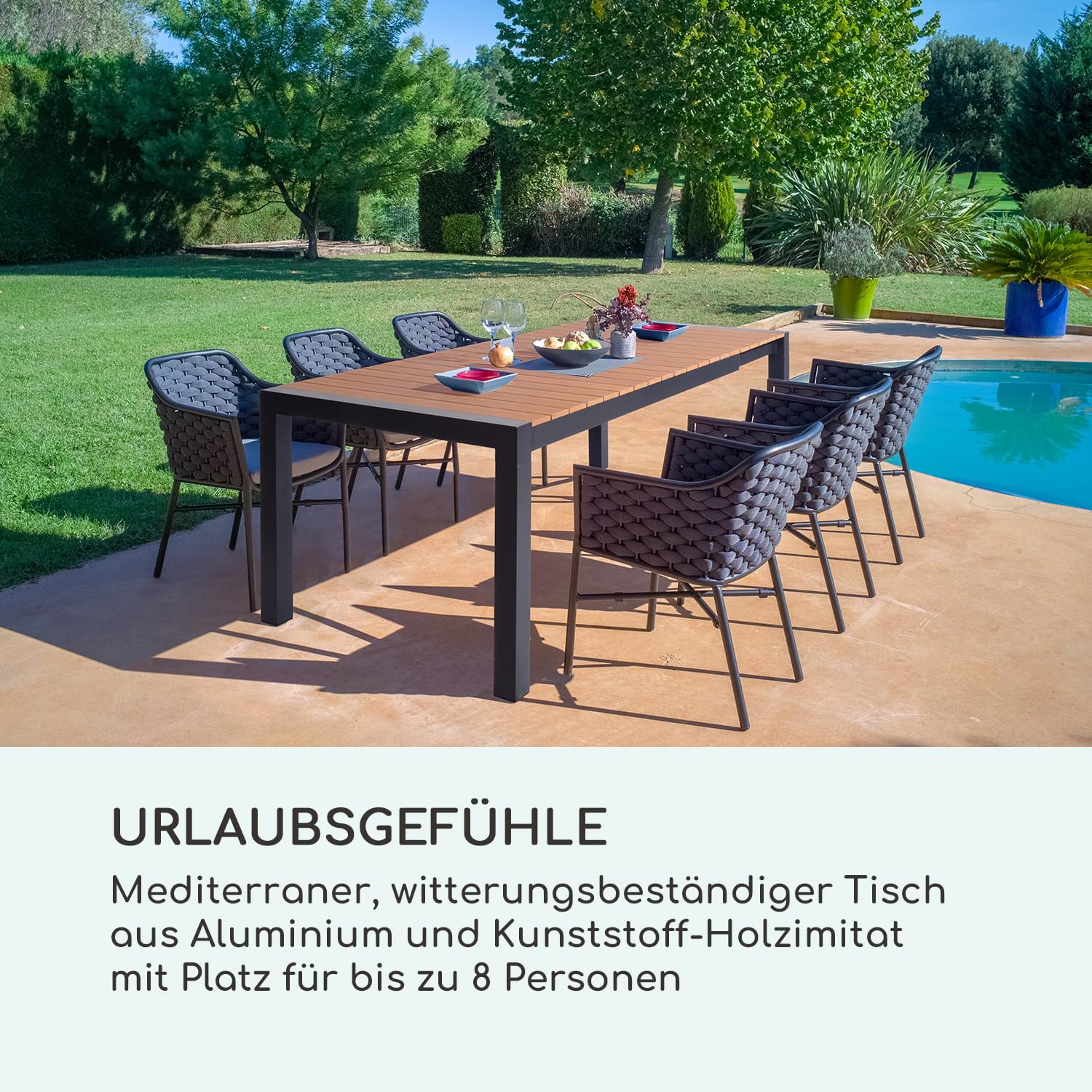 blumfeldt Menorca Expand - Gartentisch, Ausziehtisch, ausziehbar, Aluminium/Kunststoff-Holzimitation, Pulverbeschichtung, justierbare Füße, Tischfläche max.: 213 x 95 cm, hell/Teak