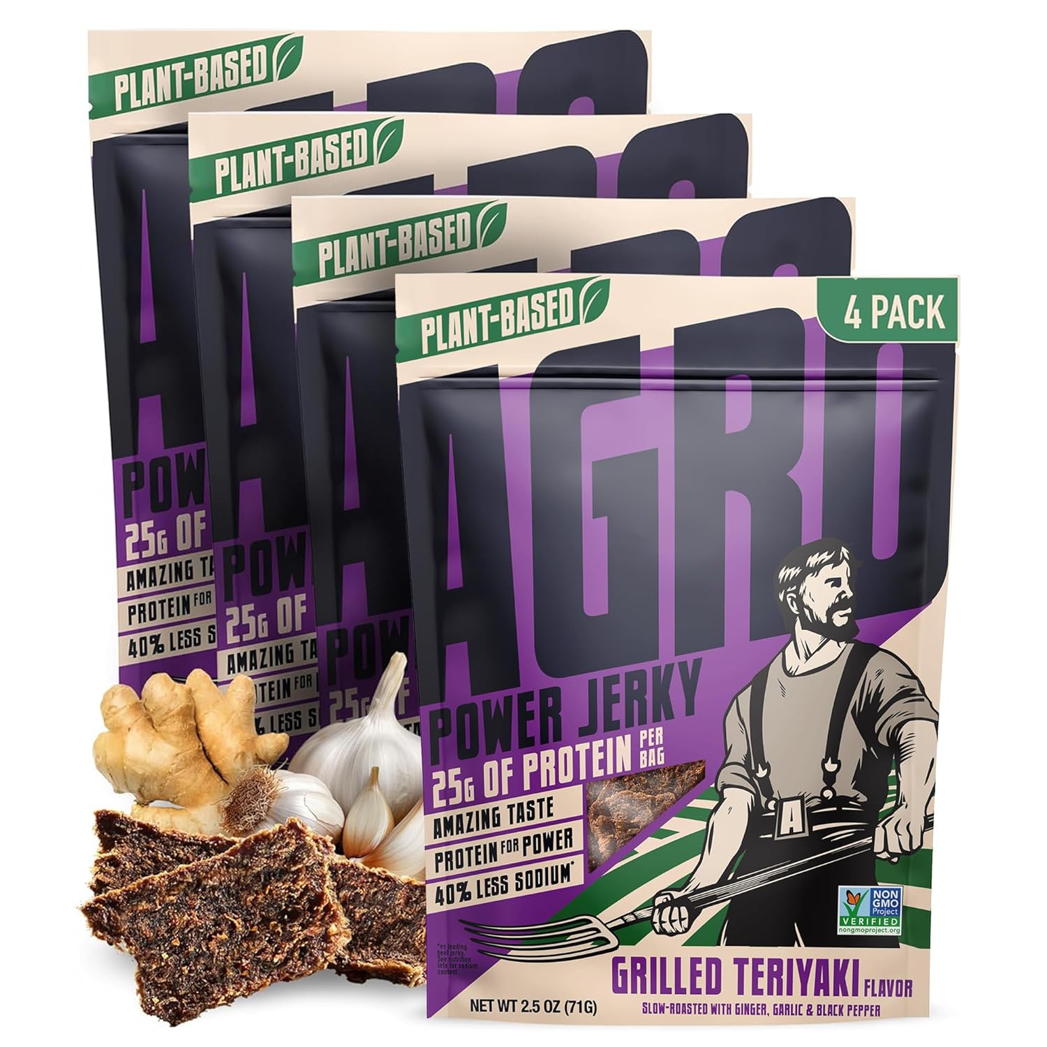 AGRO POWER Vegan Jerky - Grilled Teriyaki Flavor – Delicious, Non-GMO Certified Vegetarian Jerky with 25 Grams of Plant-Based Protein and 40% Less Sodium. High Protein Vegan Snacks - 4 Pack Set