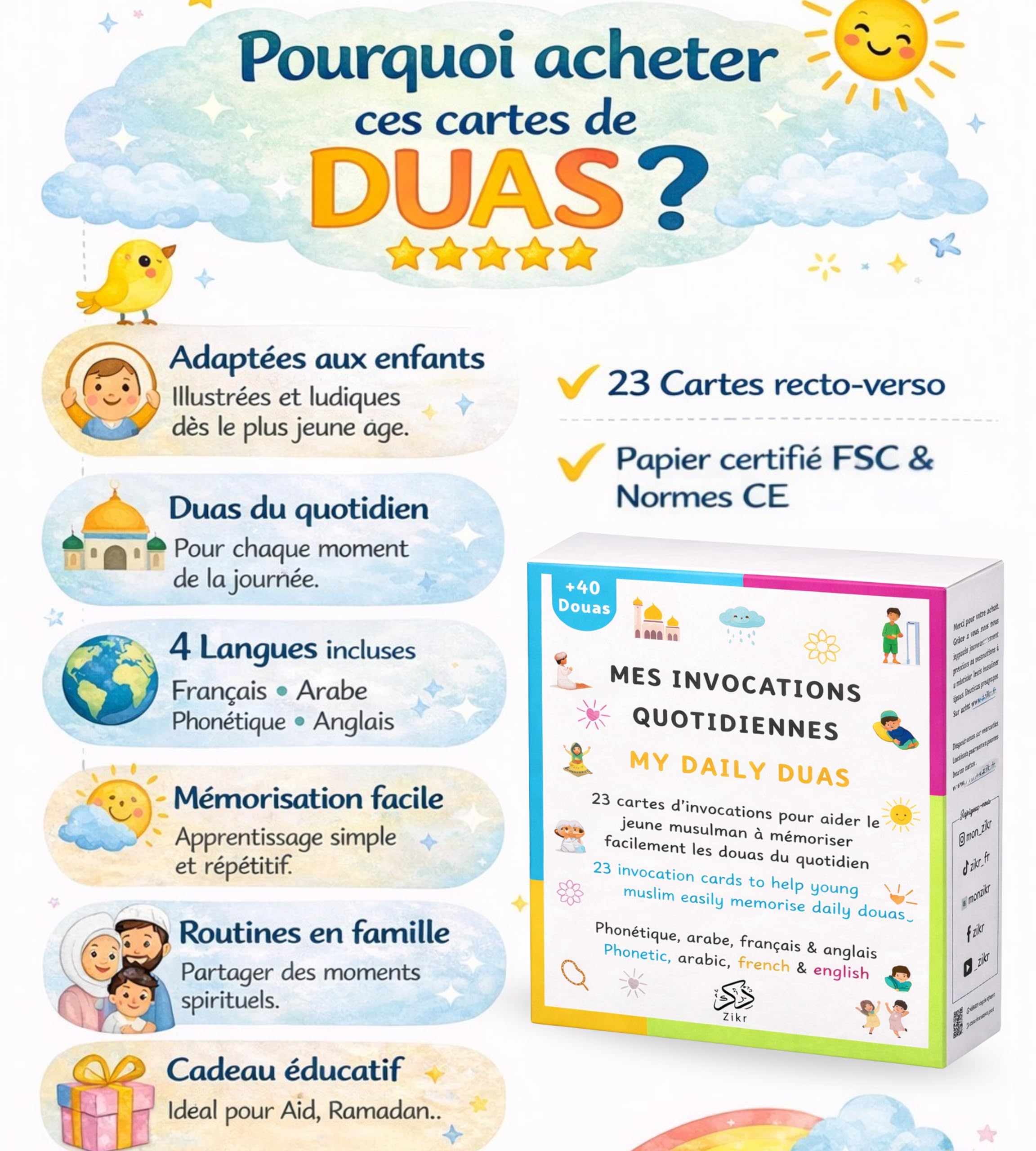 Apprendre l’Islam aux Enfants, Cartes d’invocations pour Enfant Musulman, +40 duas Quotidiennes la citadelle du Musulman, Facile et Pratique, Eid, Ramadan, Format Poche
