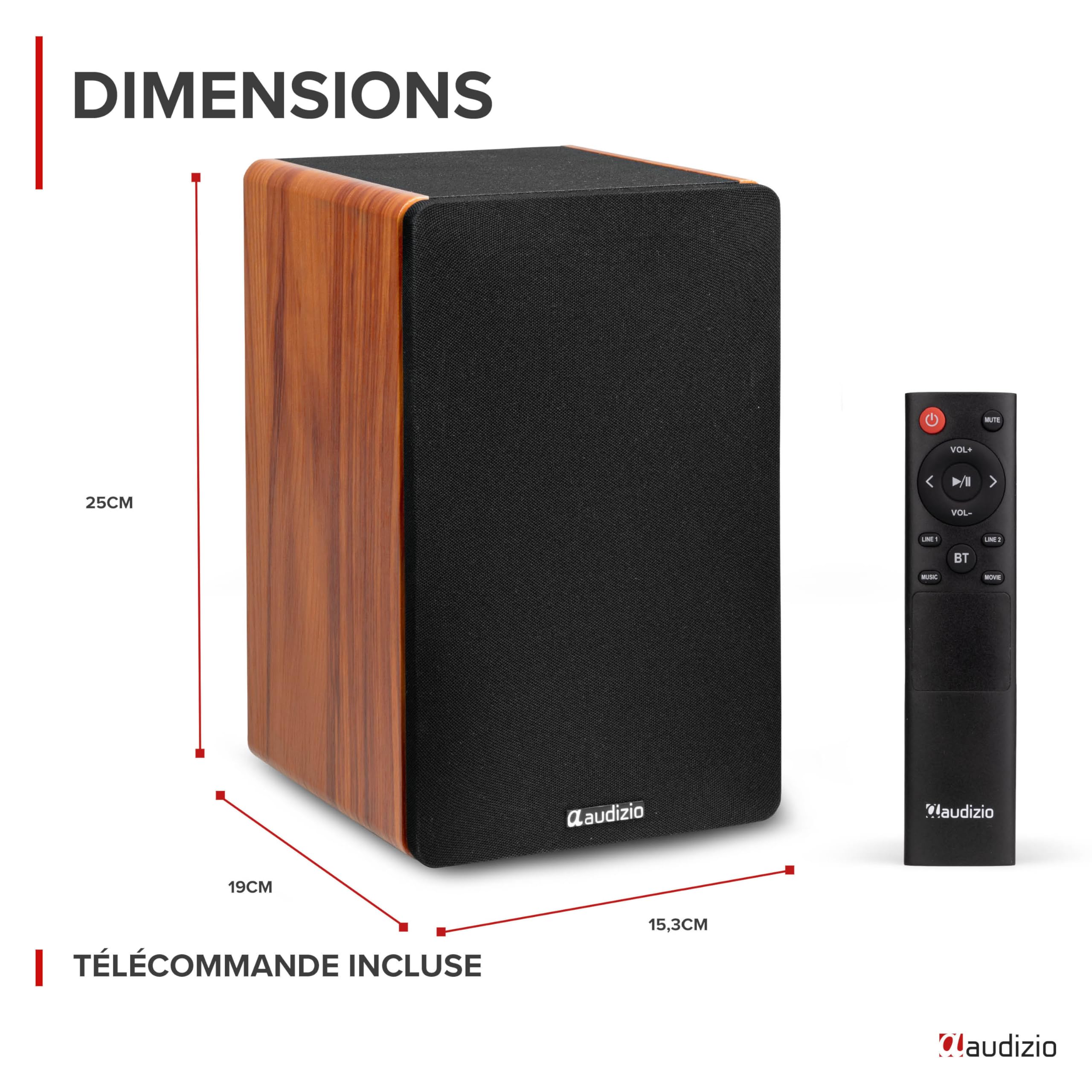 Audizio KS01 Enceintes Hi-FI Bibliothèque Actives 80W avec BT 5.0, Woofer 4" et Tweeter 1,25", Réglages Graves et Aigus, DSP avec Préréglages, Finition Bois Élégante