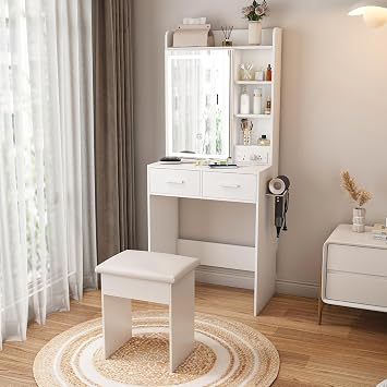 IANIYA Small Makeup Vanity Desk with Mirror & Adjustable LED Lights,Built-in Power Outlet & Hidden Storage, Space-Saving Dressing Table for Small Bedrooms,White