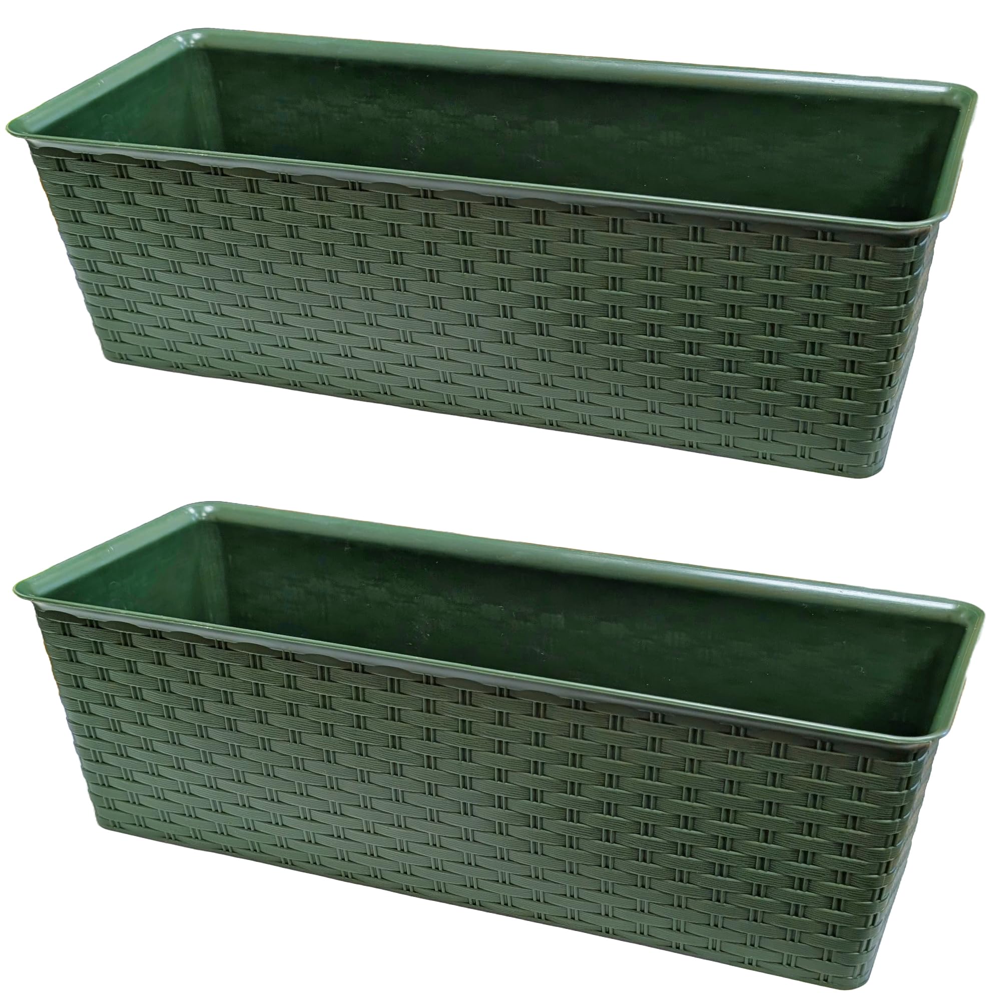 2 x Rattan Window Box Planters – 40cm Green Plastic Outdoor Trough Flower Boxes for Herbs Plants – Rectangular Balcony Window Sill Garden Plant Pots – Weather-Resistant Planter – 40cm x 15.5cm x 12cm