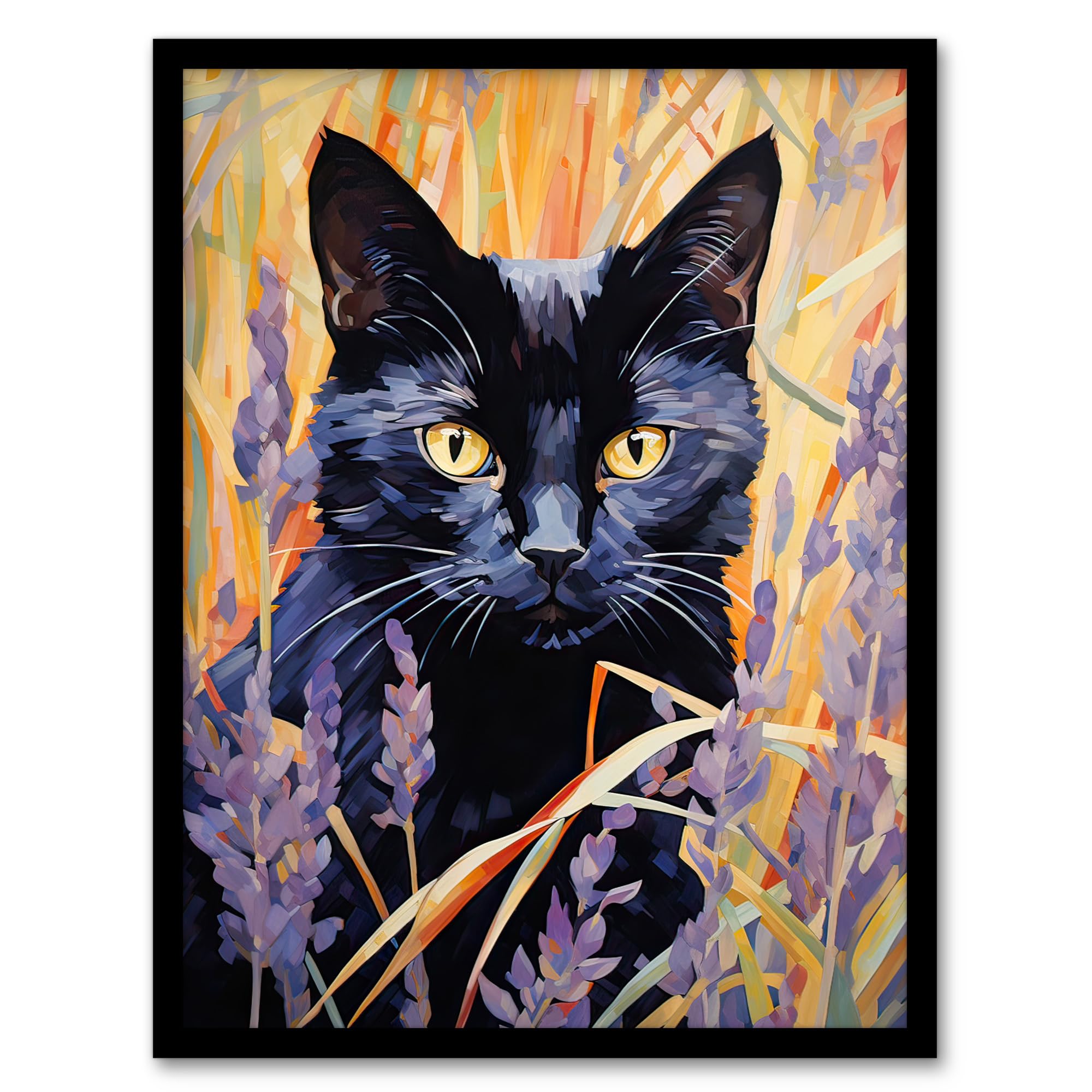 Artery8 Black Cat in Lavender Meadow Floral Animal Portrait Artwork Framed Wall Art Print 18X24 Inch