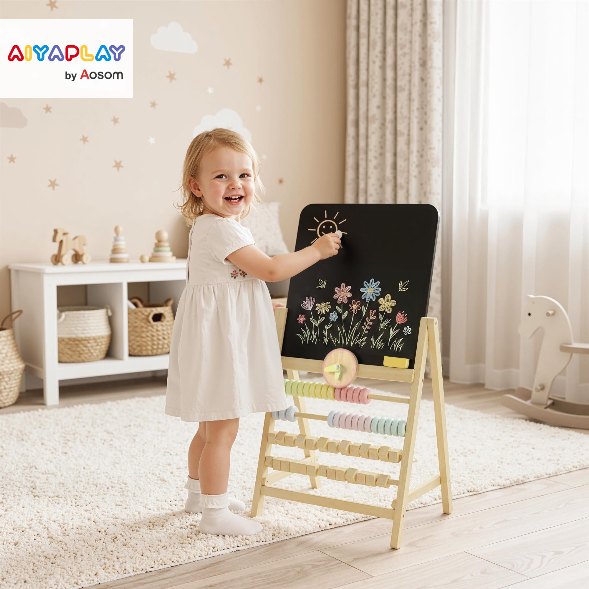 AIYAPLAY Lavagna per Bambini Doppia Facciata in Legno 2+ Anni Color Legno | Cancellabile, Lavagnetta Bambini in Legno con Cavalletto, Orologio Removibile, Abaco Integrato, Cancellino