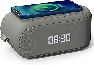 Wireless Charging Alarm Clock, Bedside Radio Alarm Clock Stereo Bluetooth Speaker, QI Wireless Charging with USB Charging Port, Weekday / Weekend Alarm, FM Radio, Dimmable Mains Powered Battery Backup