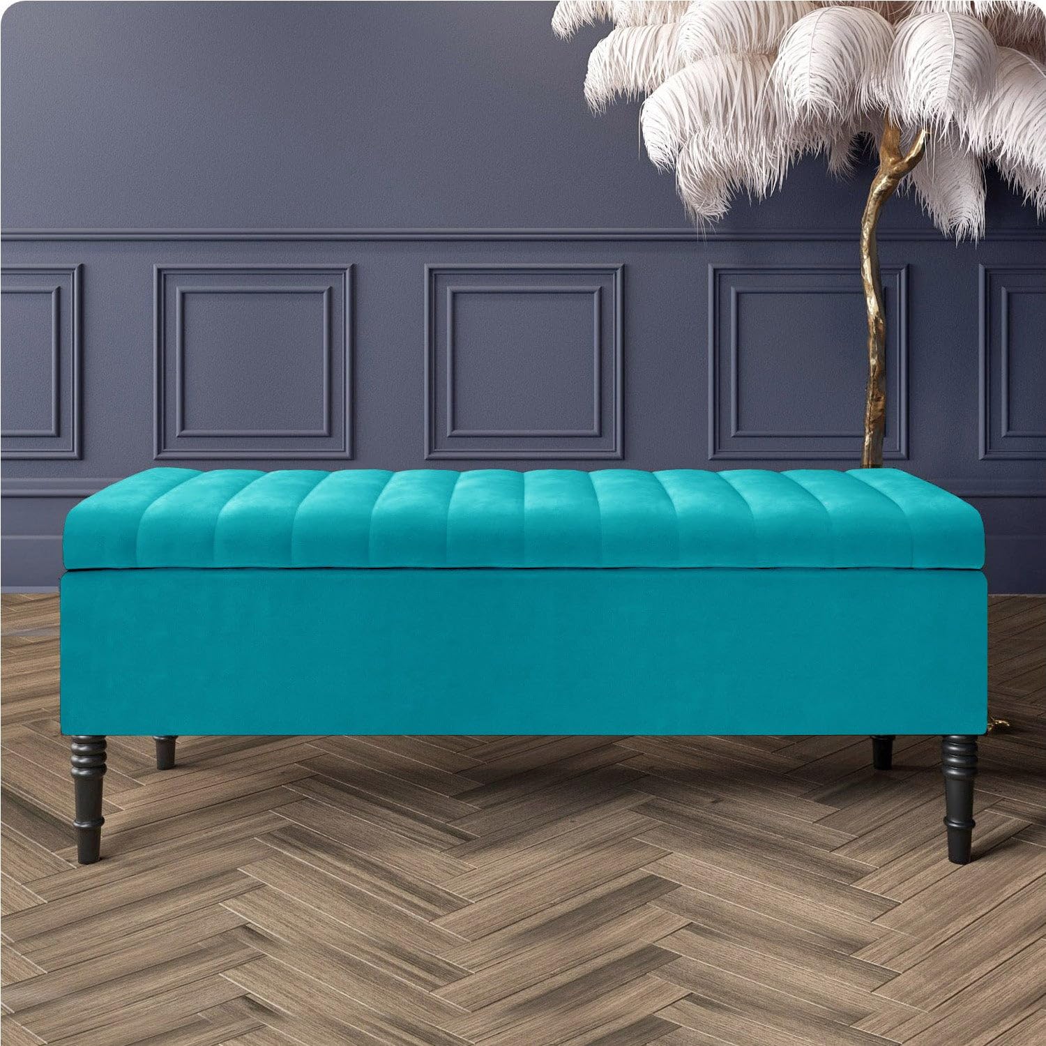 Paris Velvet Ottoman Storage Bench with Legs, End of Bed Blanket Box with Extra Deep Hidden Storage & Hinged Lid, Upholstered Ottoman Storage Box, Shoe Storage Ottoman, Padded Entryway Seat