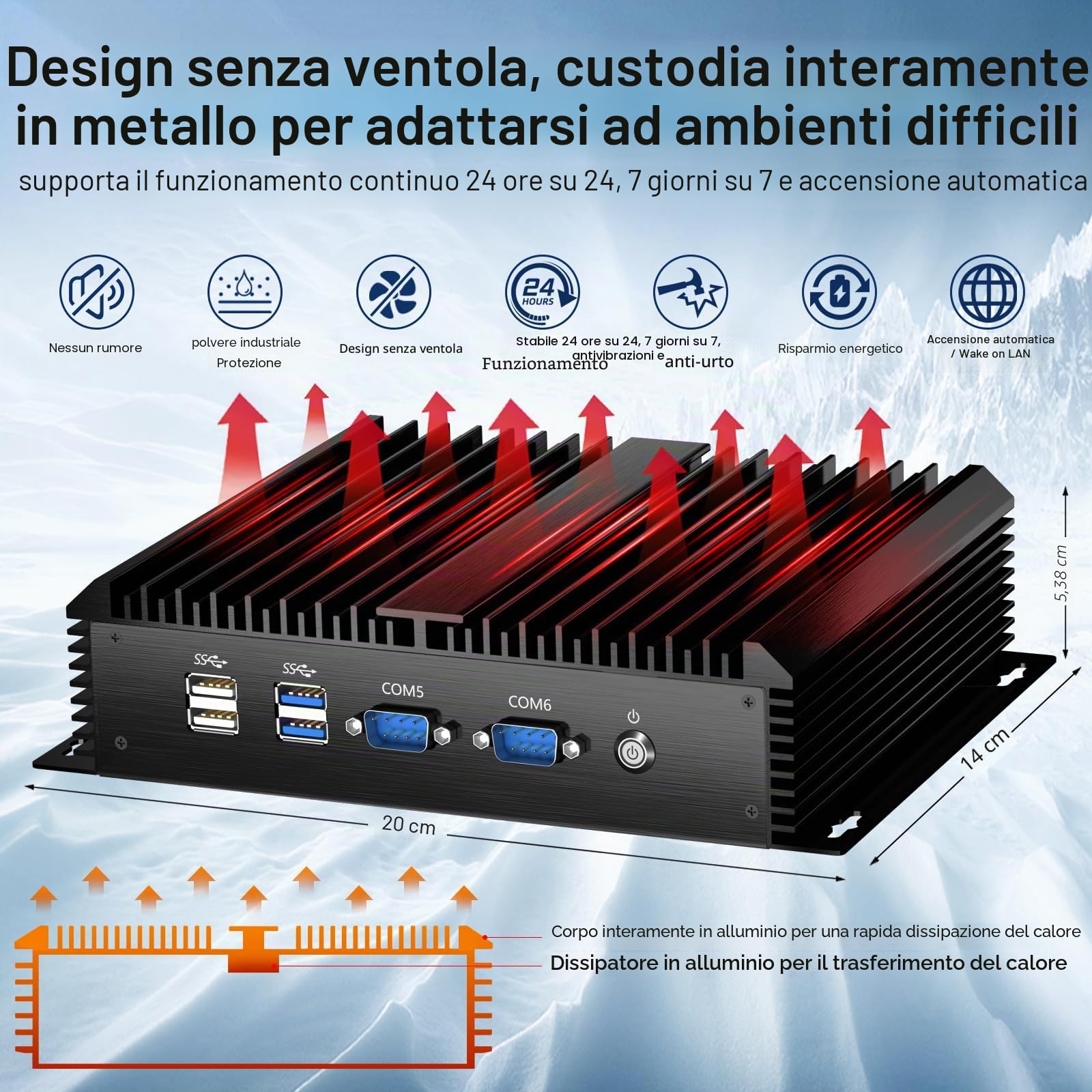 Mini PC Industriale, Computer Desktop Senza Ventola Core i7-5500U 2,4-3,0GHz, Windows 10 Pro, 16G RAM, 512G SSD, Doppia LAN, 6xCOM RS232, Modulo 4G, Porte HDMI/VGA, Accensione Automatica