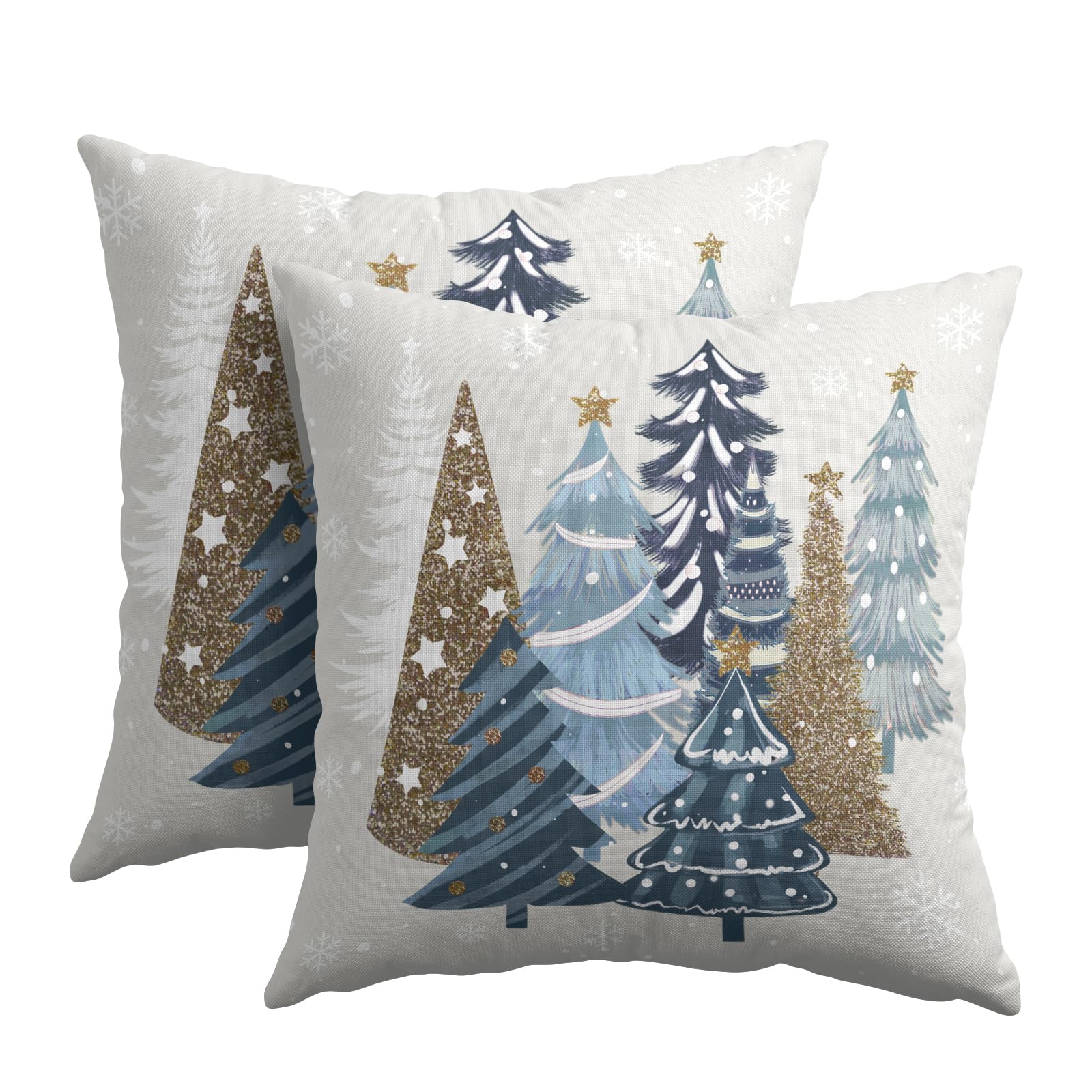 Kawani Blue Christmas Trees Pillow Covers 16x16 Inches, Set of 2 Xmas Winter Seasonal Snowflakes Pine Tree Cotton Linen Cushion Case Farmhouse