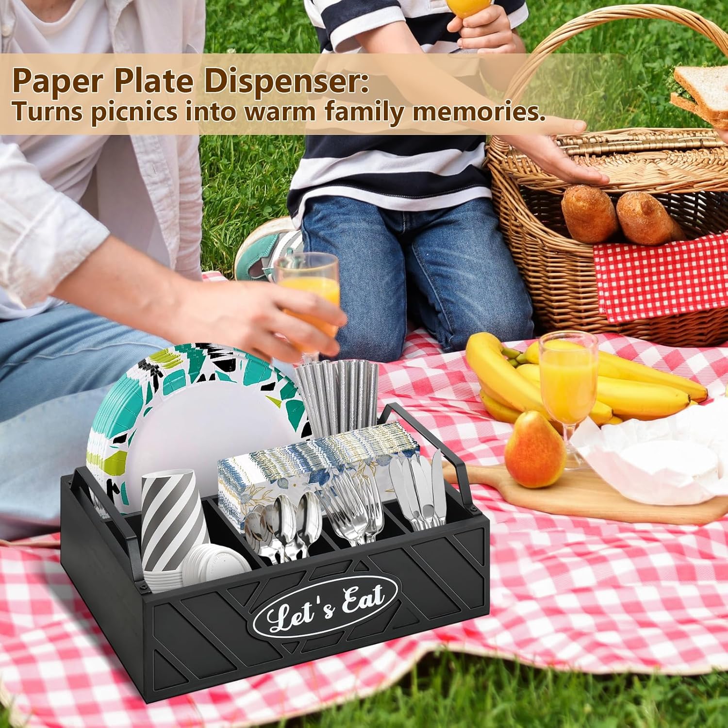 Paper Plate Dispenser, Wood Paper Plate Holder with Handle for Kitchen Counter, Silverware Caddy for Cups, Spoons, Forks, Plates, Napkins, Utensil Holder for Party Camping Buffet (Black)