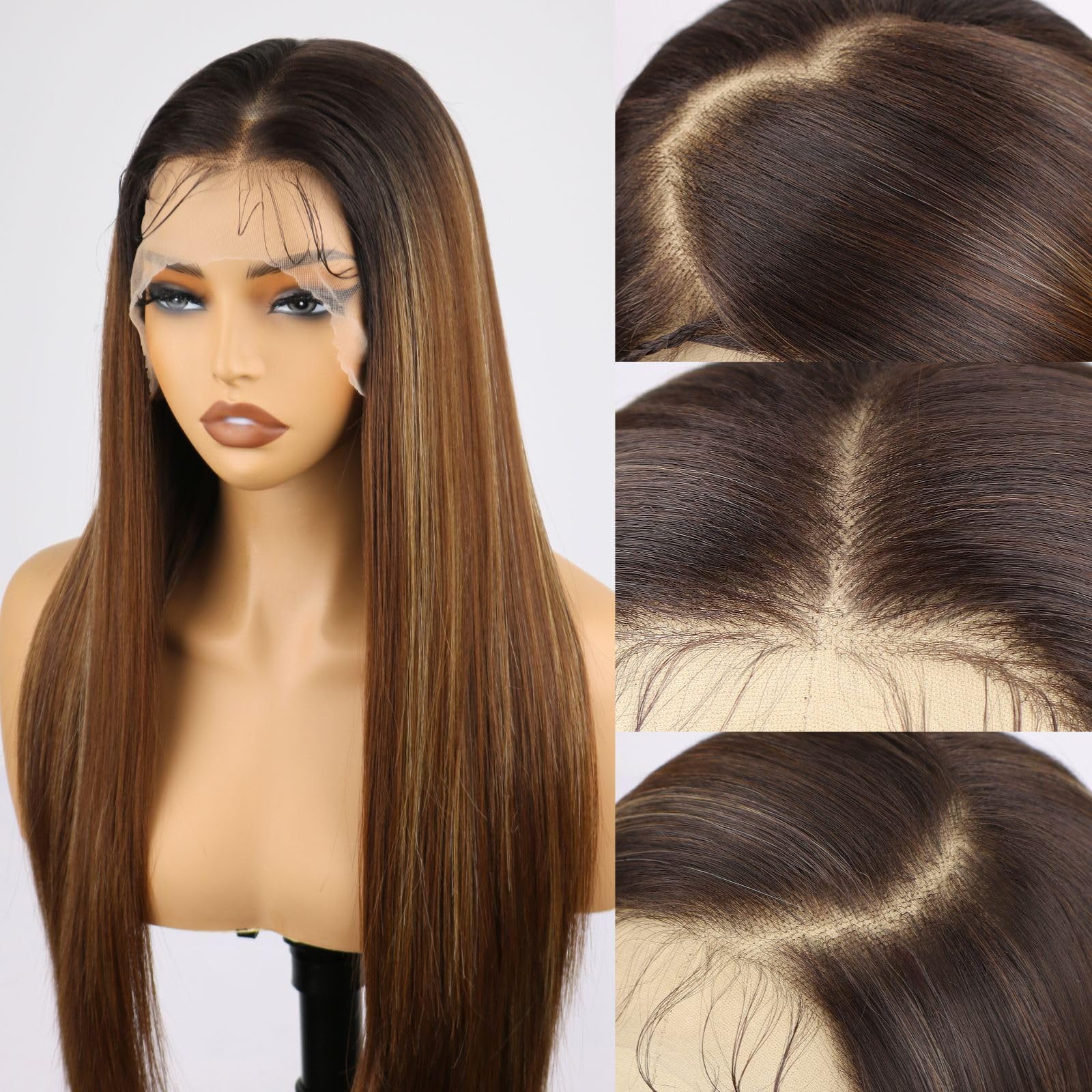 SUKRI Lace Front Wigs for Women Long Straight Synthetic Lace Front 26 Inch Heat Resistant Hair for Daily,Party,Cosplay(Ombre Brown Highlight,13 * 4