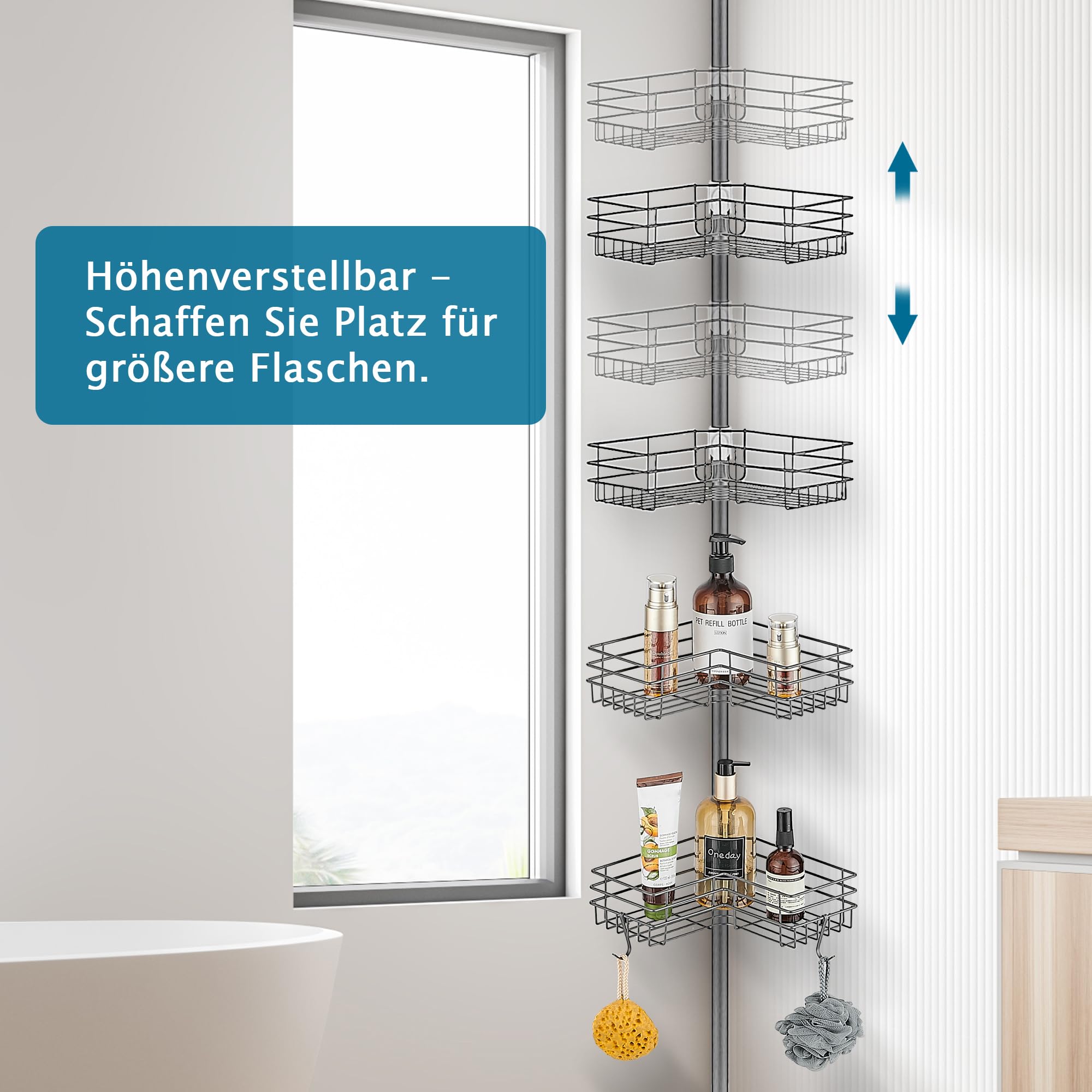 Duschablage ohne Bohren Teleskop Duschregal Metall Eckregal Badregal mit 4 Duschkörben, Höhenverstellbar 85-325cm, geeignet für Badewanne Badezimmer und Küche, Grau